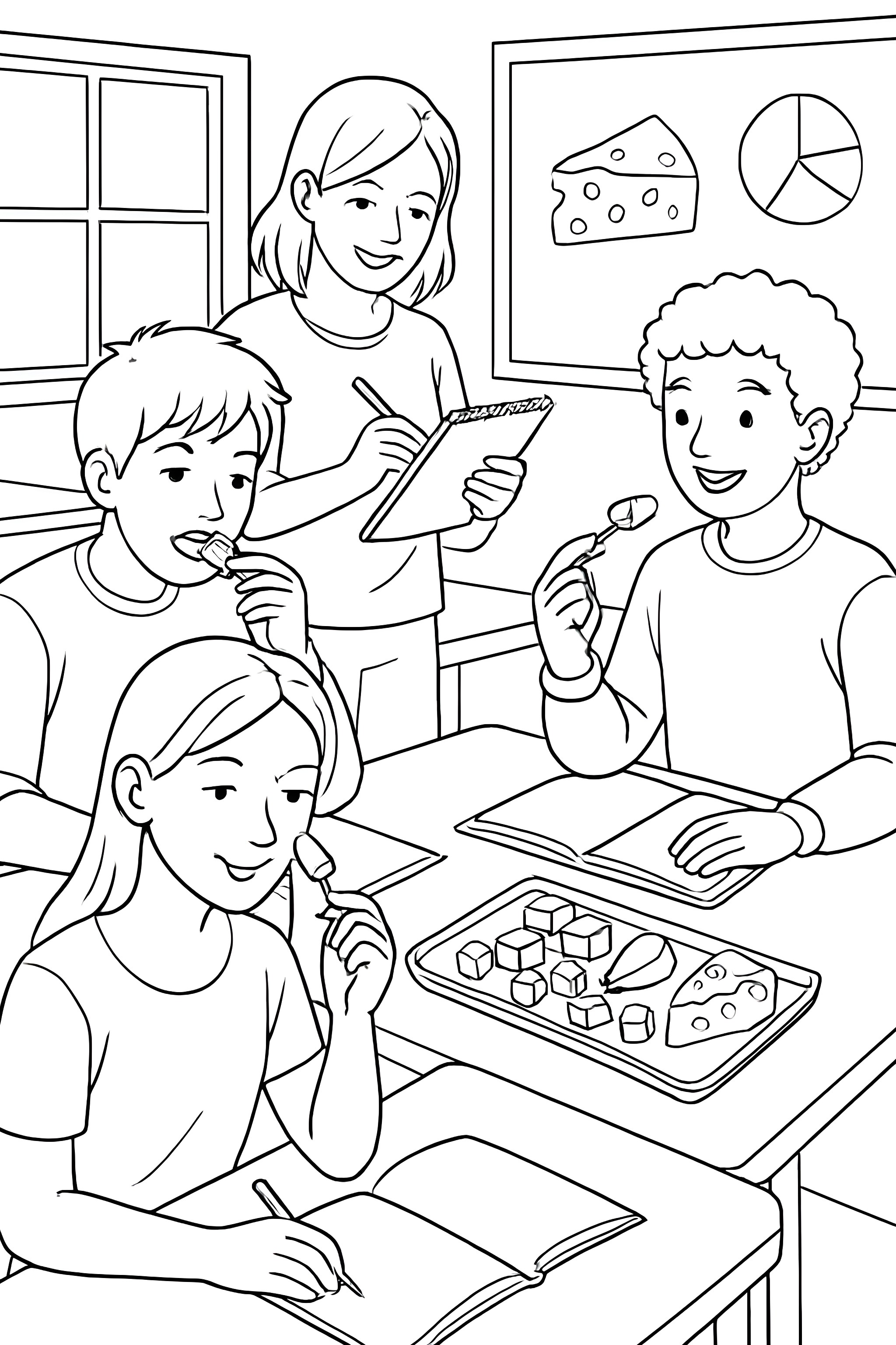 Coloring page of children in a classroom sampling cheese with a cheese platter on the table and one child taking notes