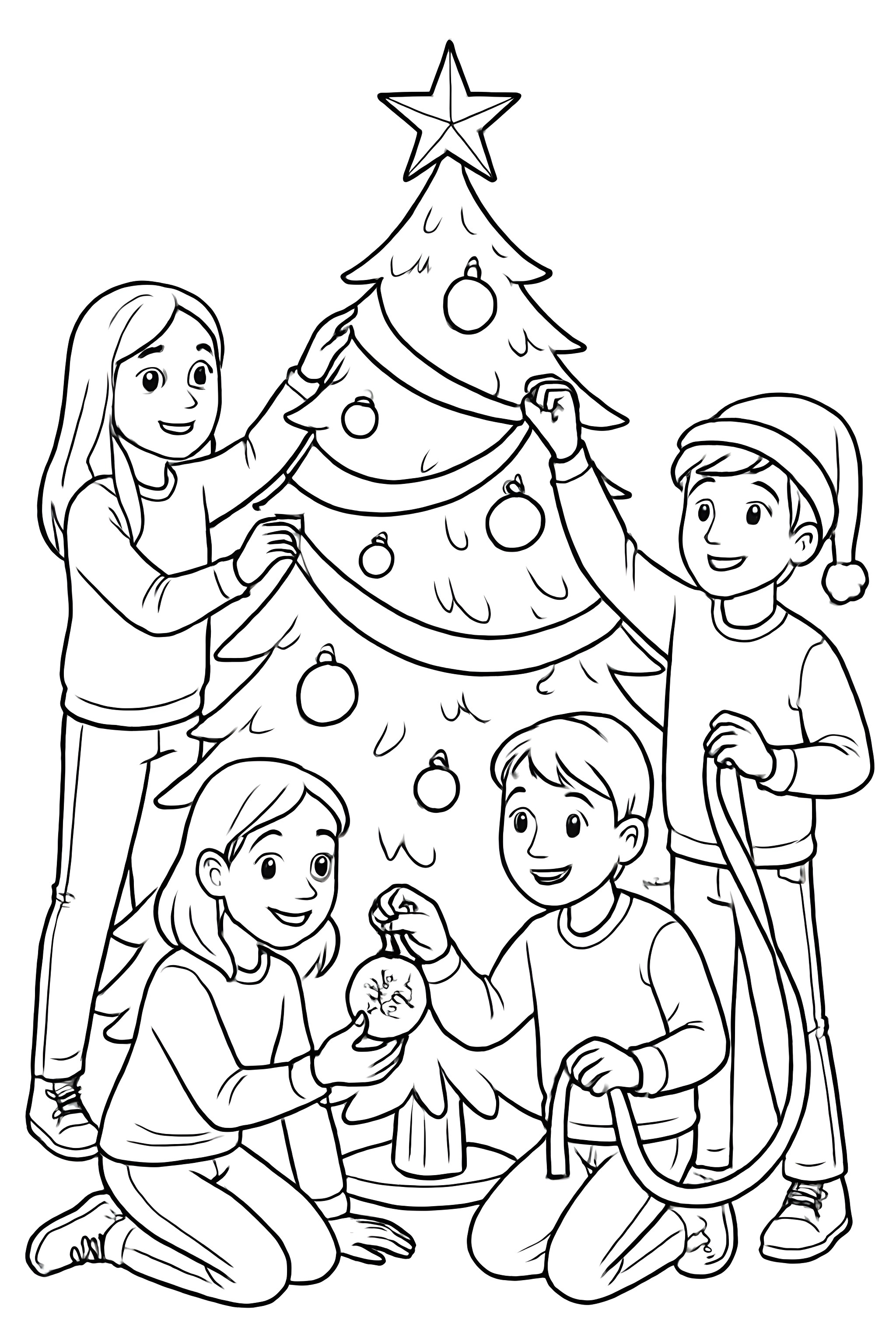 Coloring page featuring children hanging ornaments and ribbons on a Christmas tree