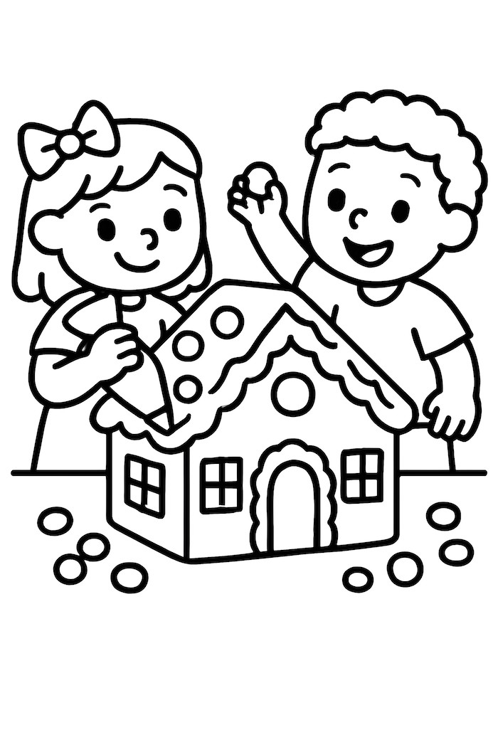 Coloring page of two children decorating a gingerbread house with icing and candies
