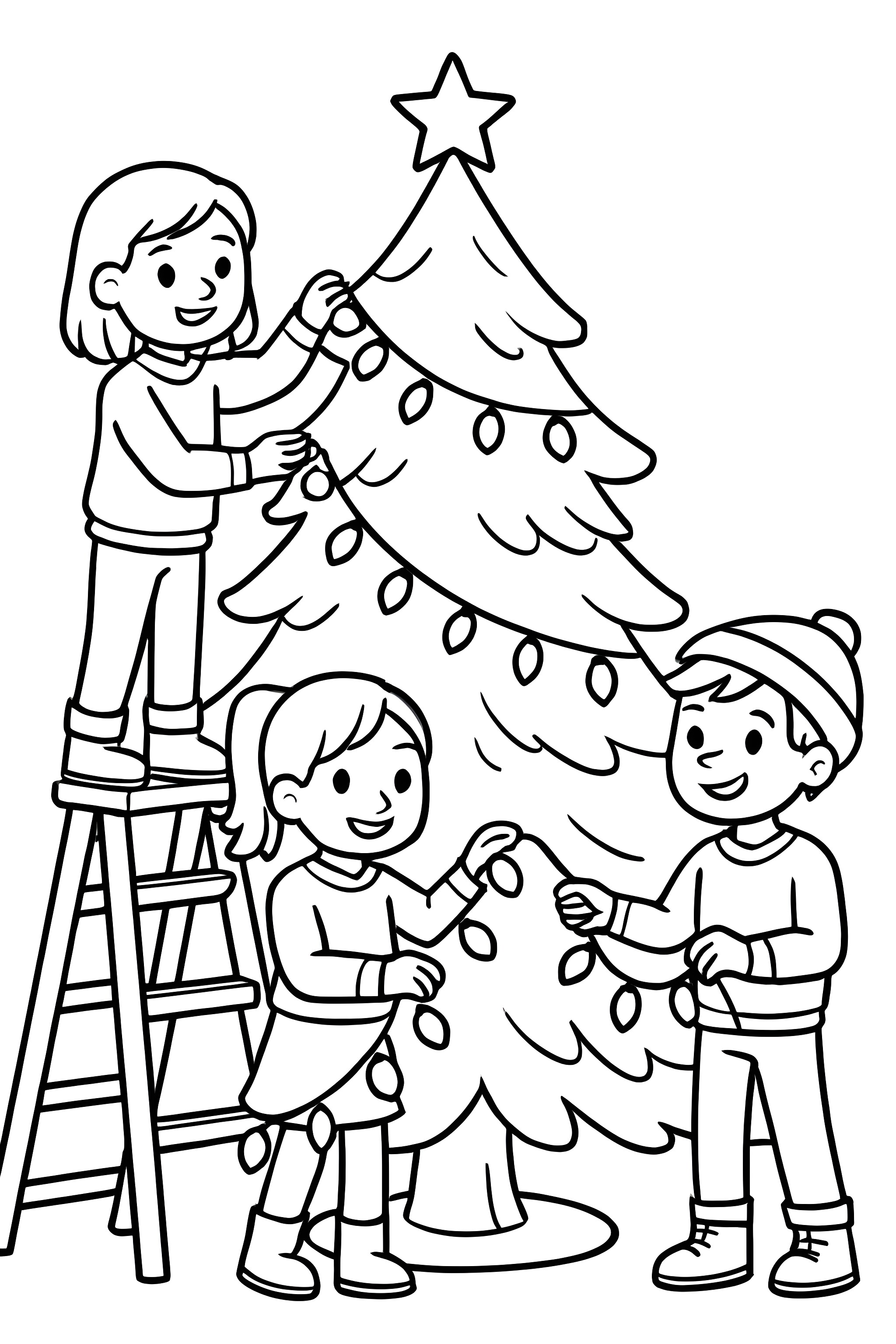 Coloring page of three children hanging Christmas lights on a large tree with a star at the top