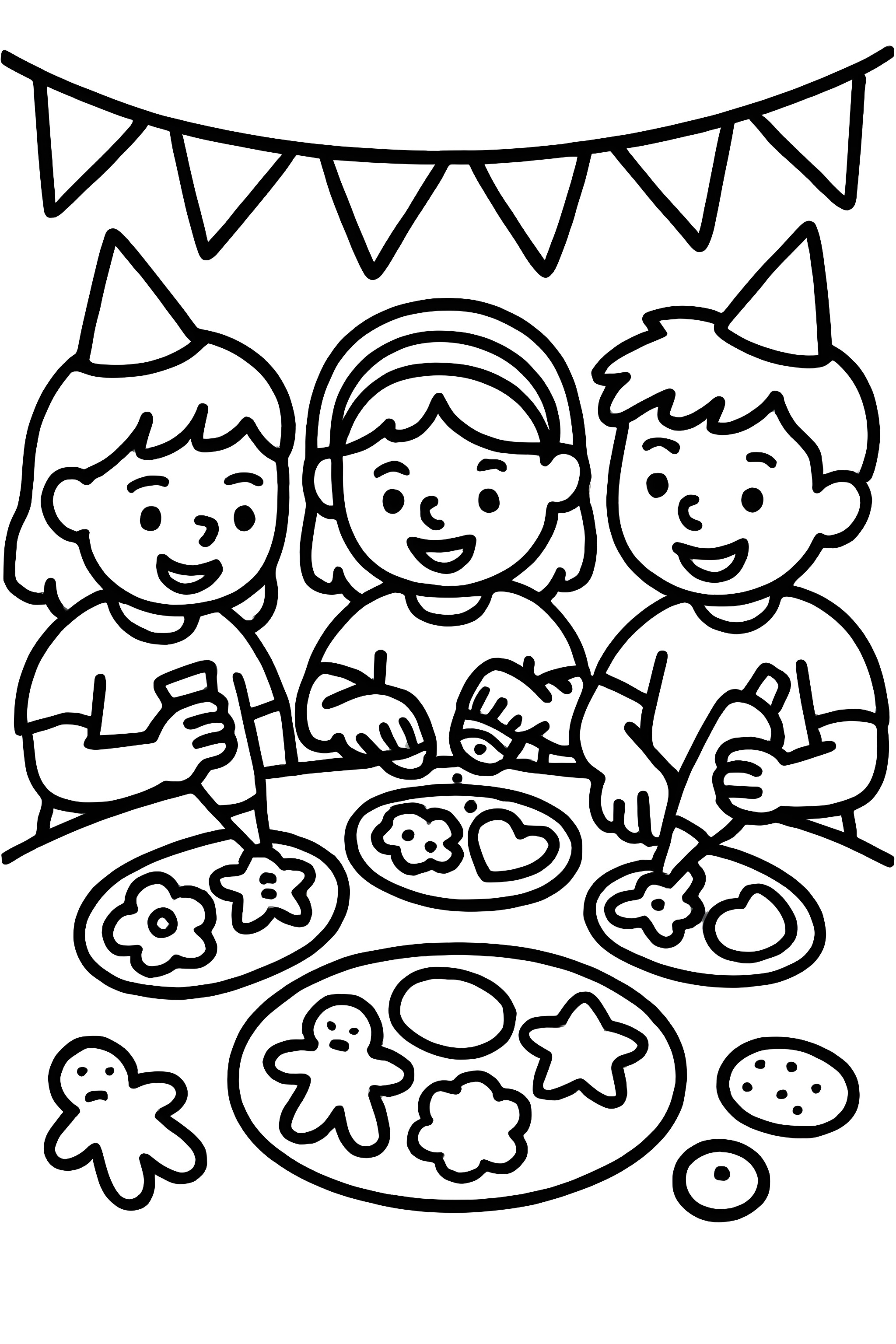 Coloring page of children decorating cookies with icing and sprinkles, sitting at a table with various cookie shapes and a festive banner in the background