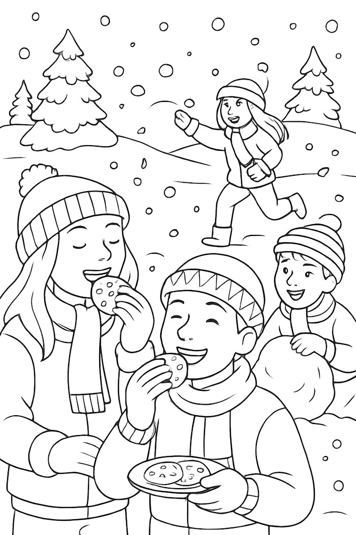 Coloring page depicting children eating cookies while playing in the snow with snow-covered trees in the background