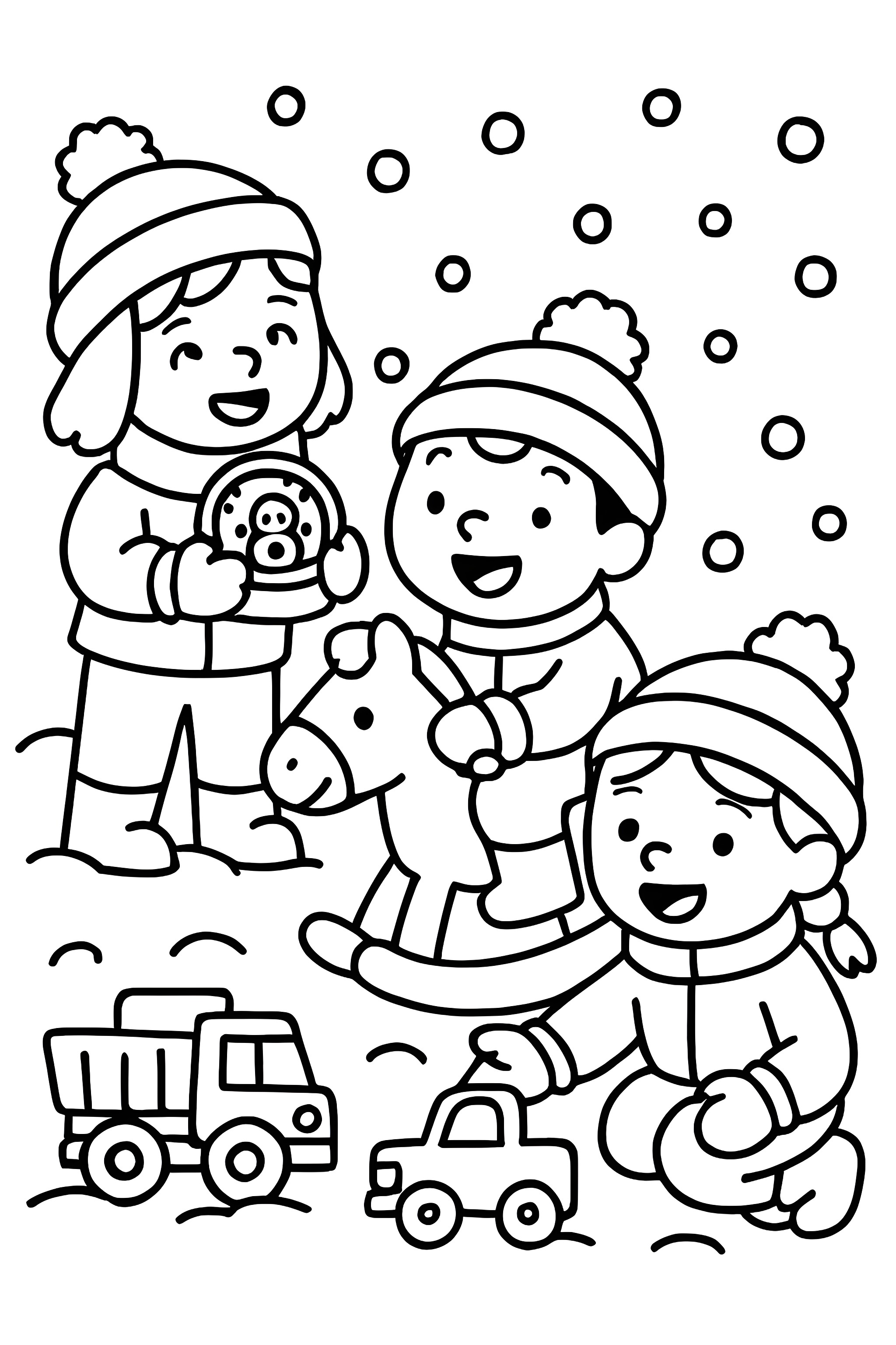 Coloring page of children playing with toys in the snow, including a snow globe, a rocking horse, and toy vehicles