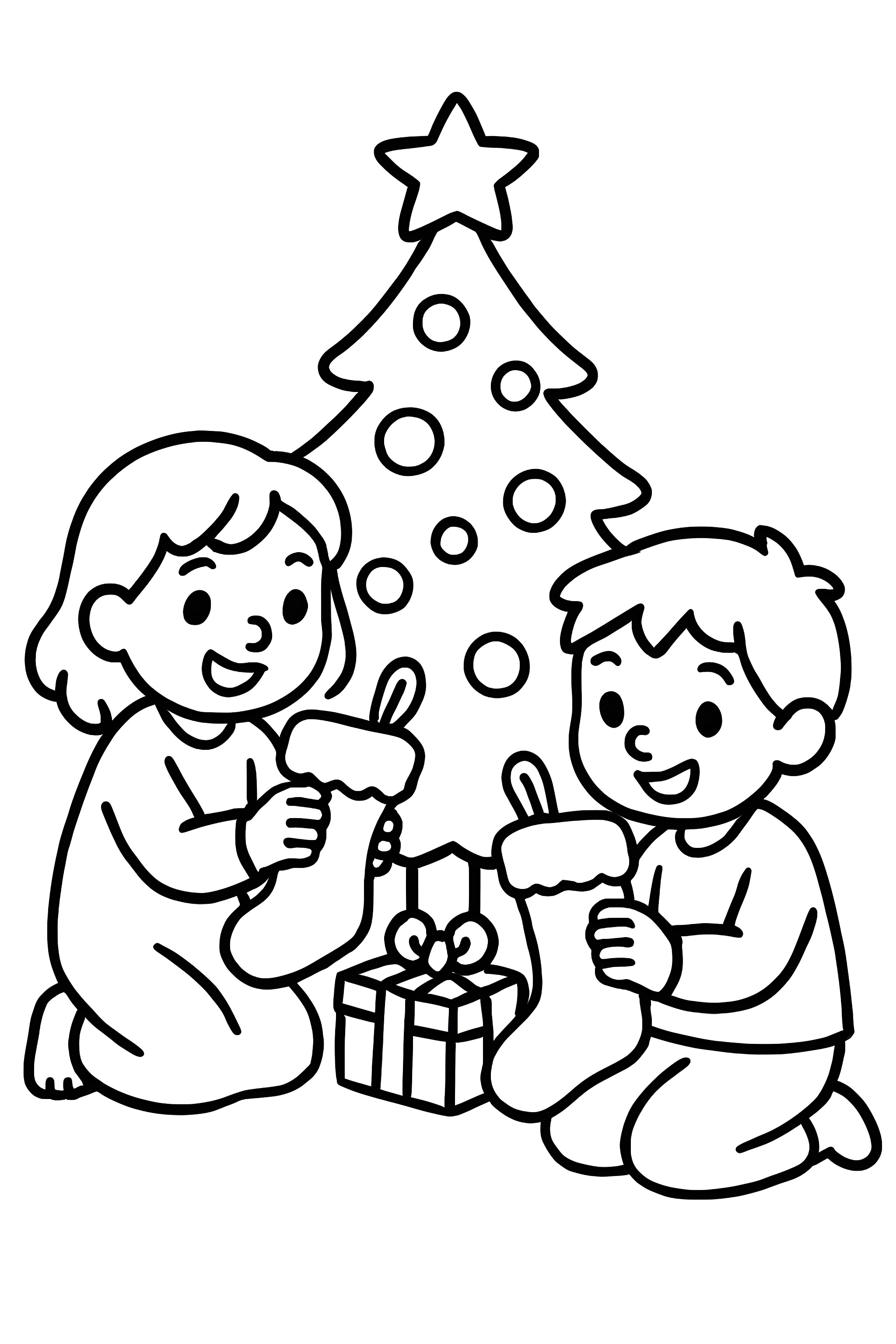 Two children joyfully examining Christmas stockings in front of a decorated tree and a present
