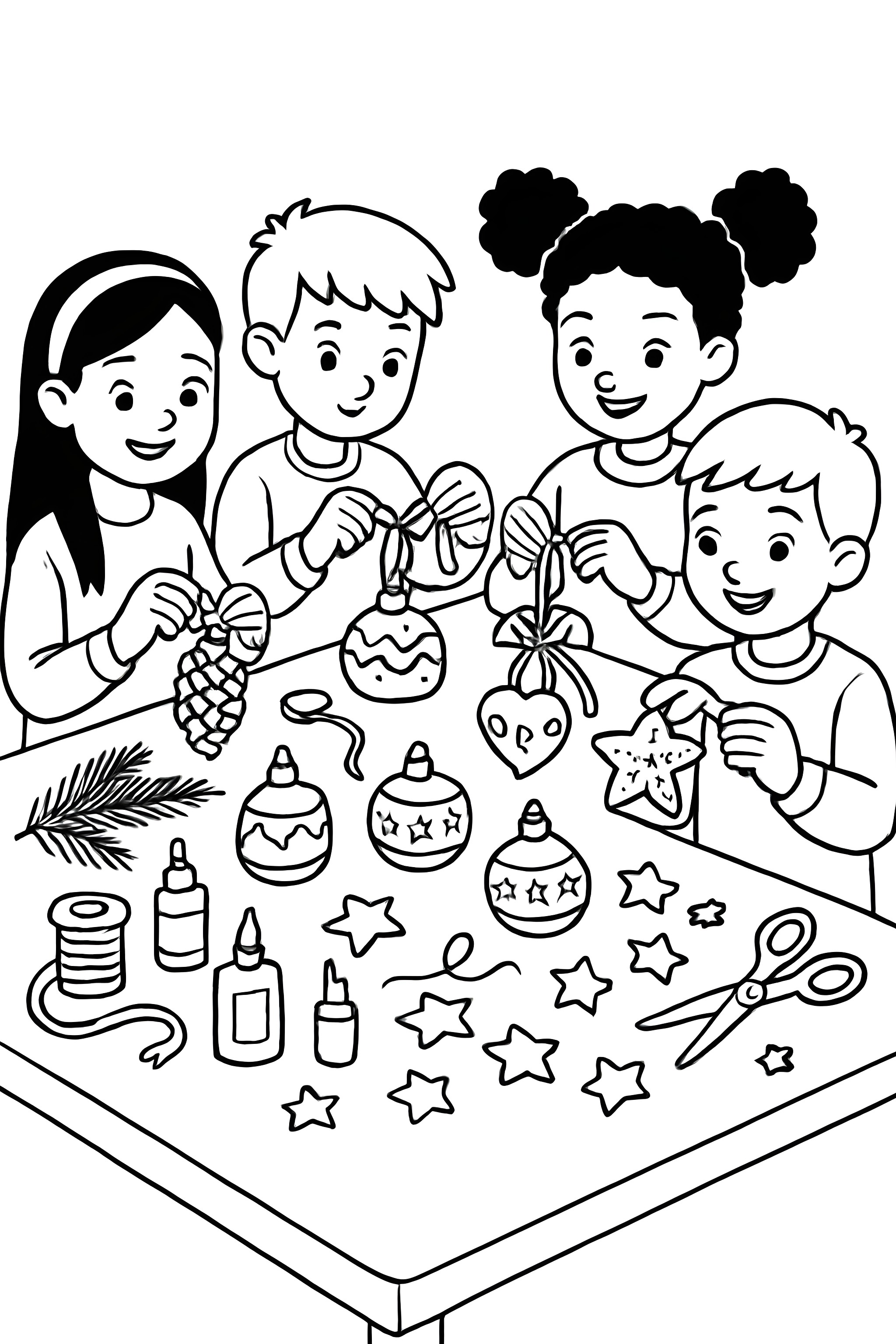 Children creating Christmas ornaments at a craft table with various craft supplies like scissors, glue, and decorations.