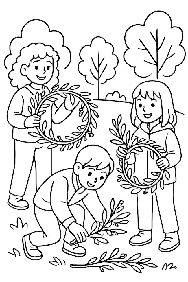 Coloring page of children collecting branches to create wreaths in a natural setting