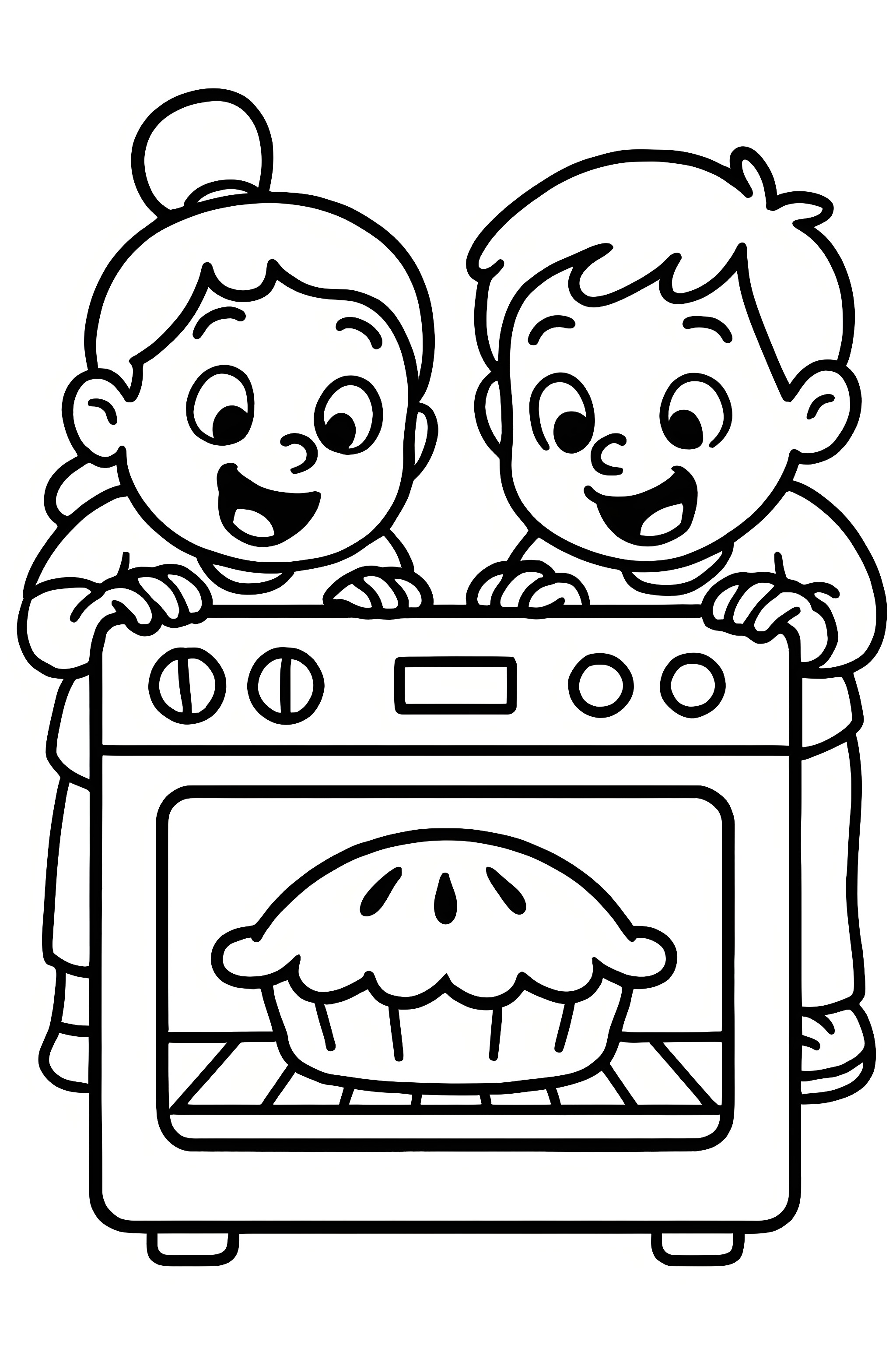 Coloring page featuring two children excitedly looking into an oven at a baking pie with visible steam