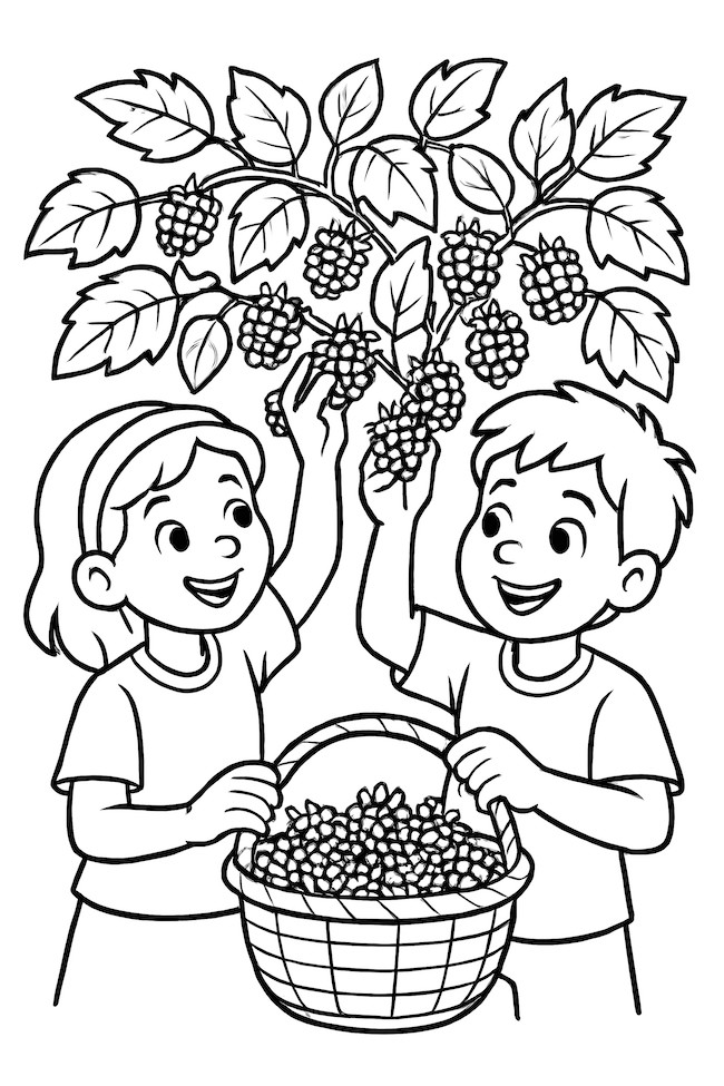Coloring page of two children joyfully picking blackberries into a basket while surrounded by blackberry bushes