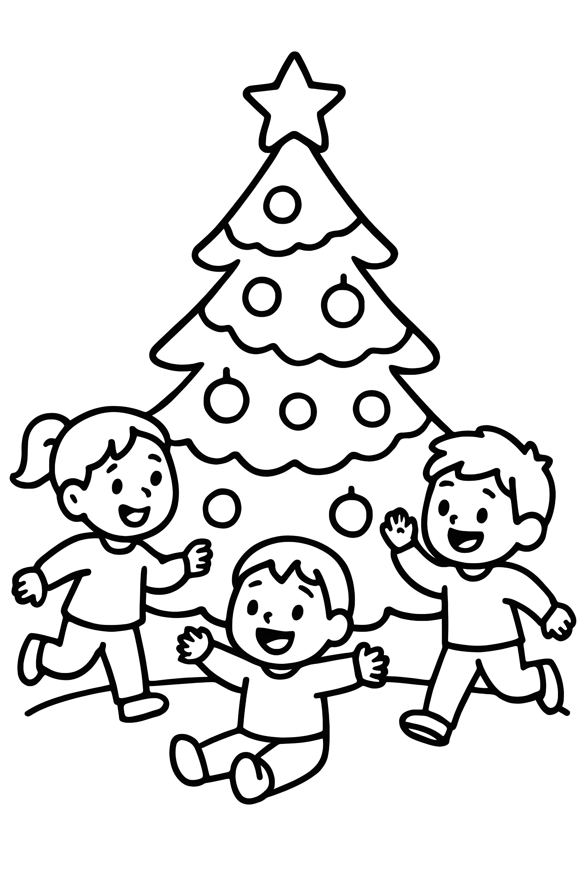 Three children joyfully playing around a decorated Christmas tree with ornaments and a star on top.