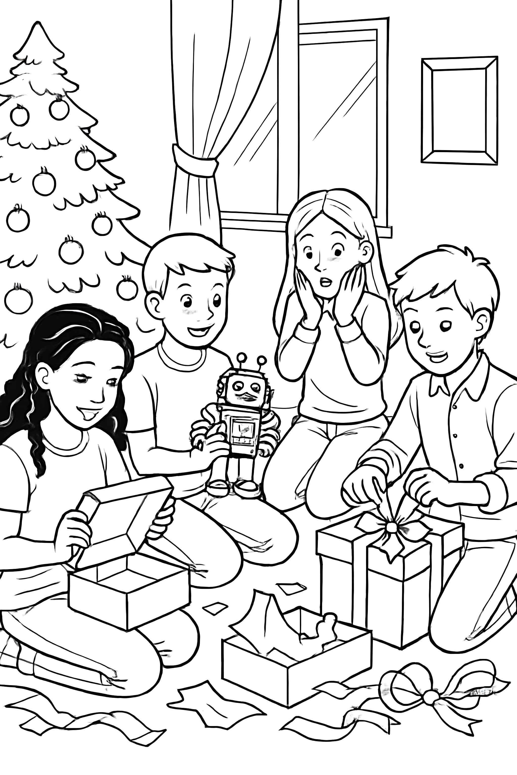 Coloring page of a group of four children joyfully unwrapping presents in a cozy room decorated for Christmas