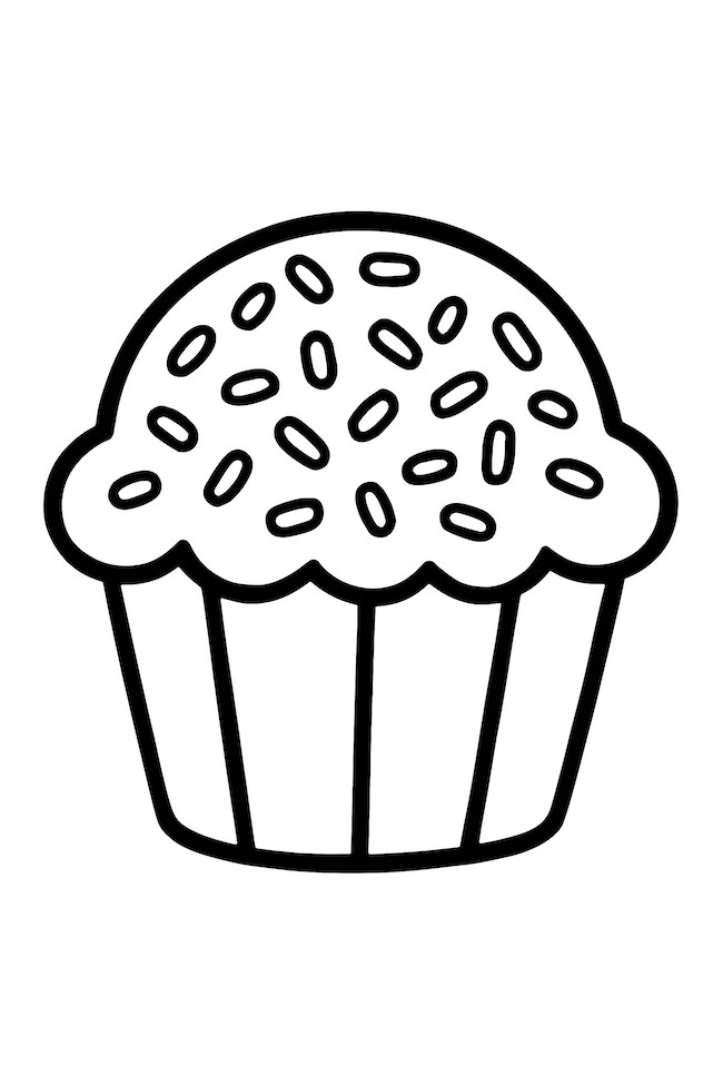 Coloring page of a chocolate cupcake topped with colorful sprinkles and a smooth frosting swirl