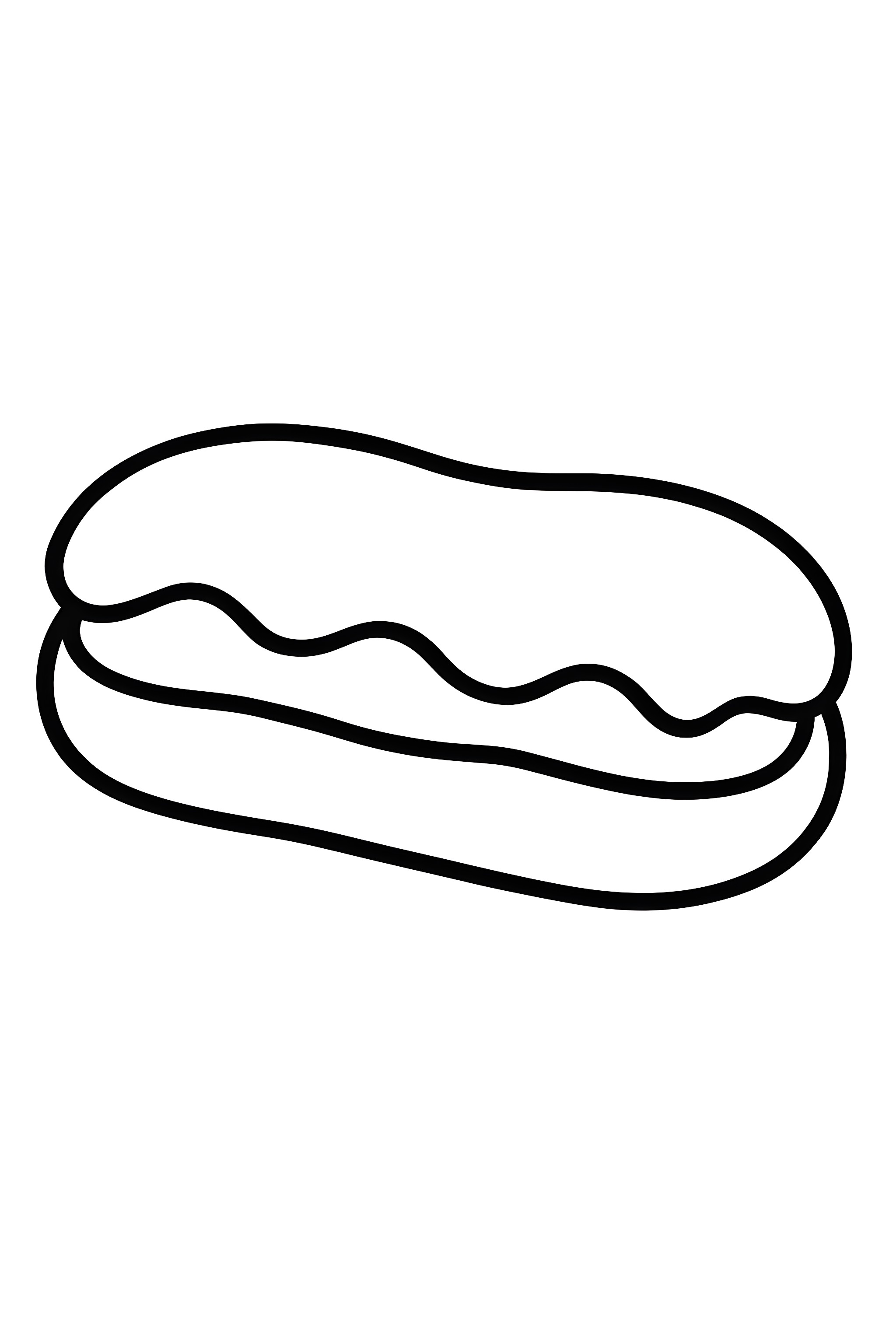 Coloring page of an eclair dessert topped with flowing chocolate icing and a smooth pastry base