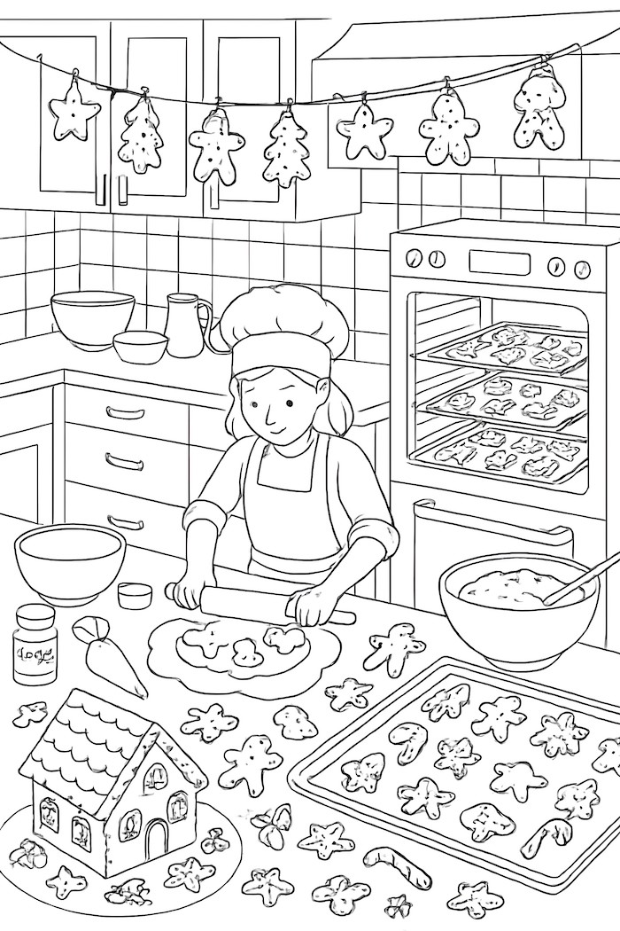 Coloring page featuring a bustling bakery kitchen with cookie preparations, including an oven, gingerbread shapes, and a cookie-decorating scene