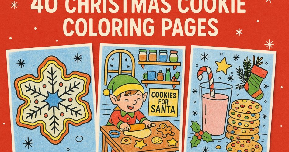 Three colored pencil-style images on a red background with white snowflakes and pine motifs. The first image on the left shows a decorated snowflake cookie with orange, yellow, and blue accents. The center image features a cheerful elf rolling out dough in a cozy kitchen with a sign that says "Cookies for Santa." The third image on the right shows a glass of milk with a candy cane, a stack of chocolate chip cookies, a holly sprig, and a Christmas stocking hanging from pine branches.