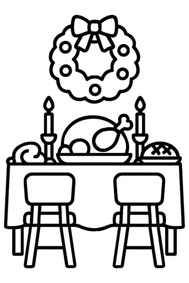 Coloring page of a dining room featuring a Christmas feast with a decorative wreath on the wall and a table set with food and candles