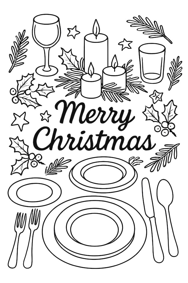 Coloring page of a Christmas dinner table set with plates, cutlery, candles, and decorative greenery