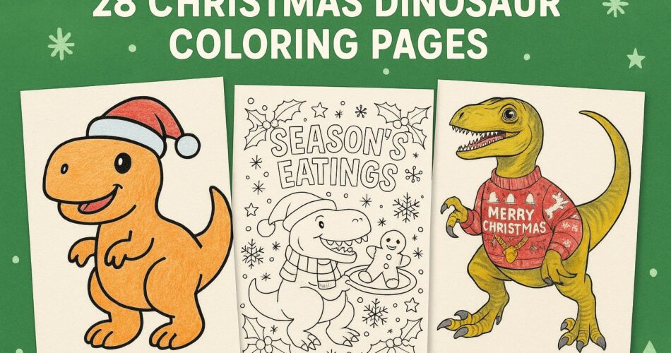 Horizontal blog graphic titled ‘28 Christmas Dinosaur Coloring Pages’ featuring three dinosaur coloring sheets on a green winter-themed background. The left page shows a cute orange T-rex colored with pencils wearing a Santa hat, the middle page is an uncolored ‘Season’s Eatings’ dinosaur with a gingerbread cookie, and the right page shows a yellow velociraptor colored in colored pencil wearing a Merry Christmas sweater.