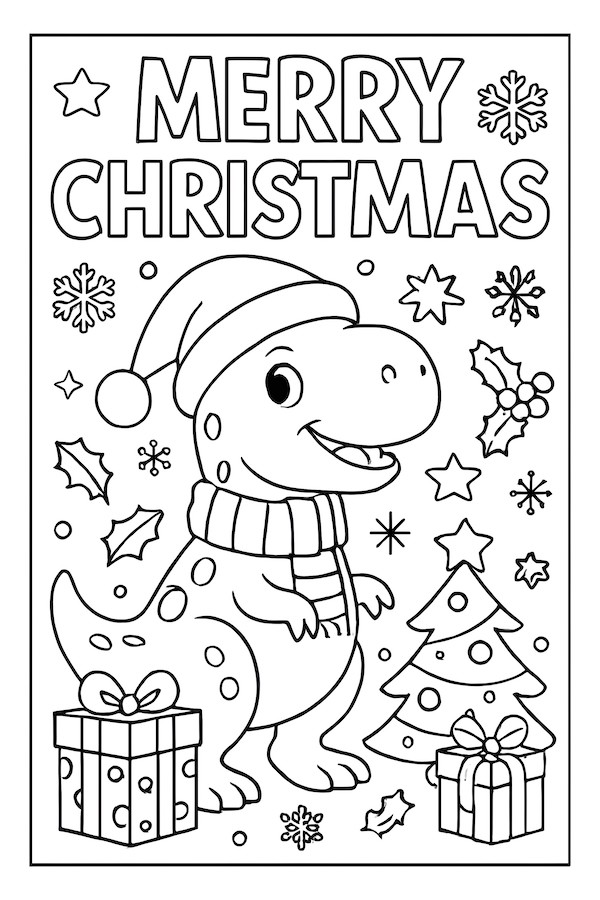 Coloring page of a cheerful dinosaur in a Santa hat, with Christmas trees, presents, and snowflakes around it