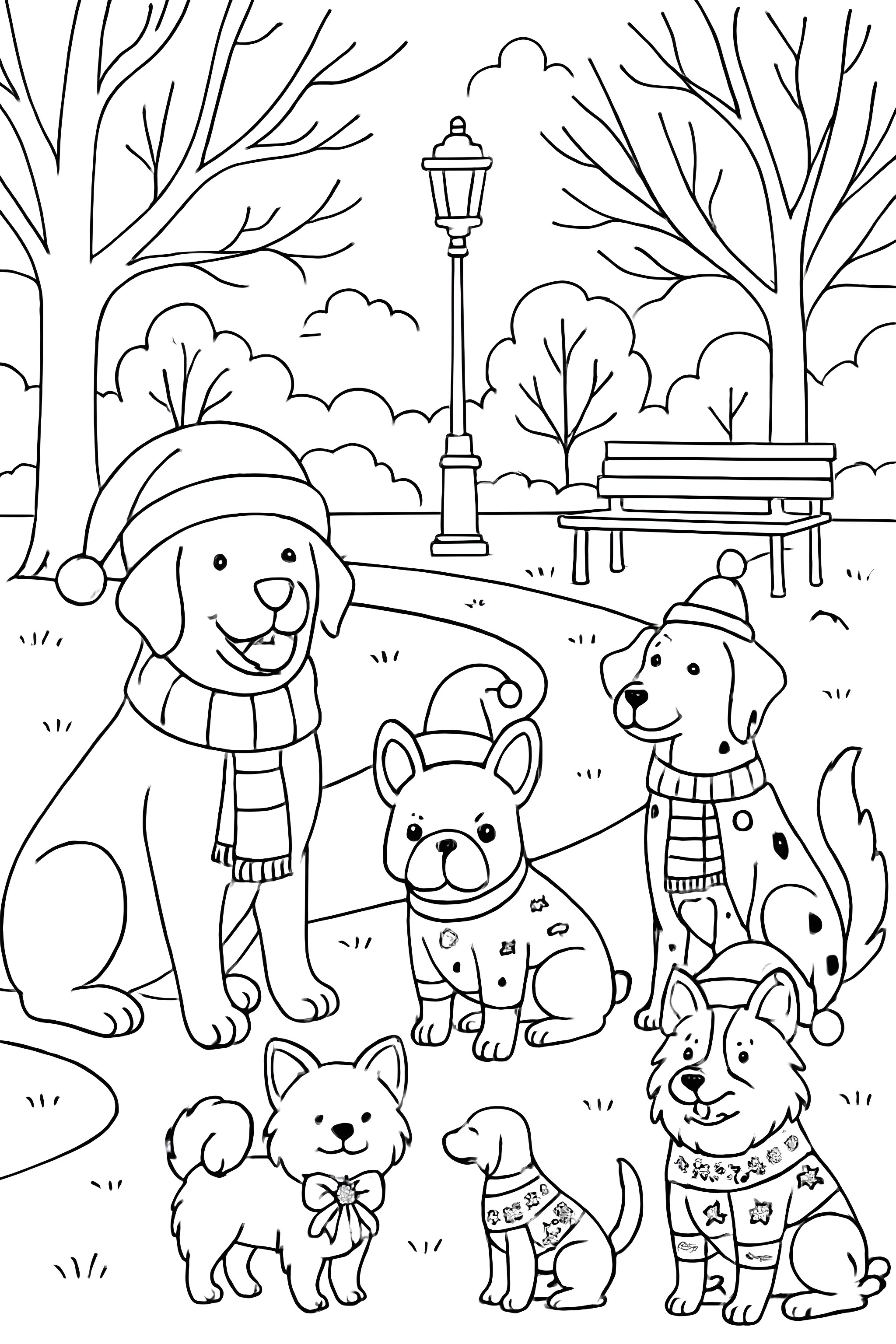 Coloring page featuring multiple dogs dressed in Christmas attire in a park setting with trees and a bench
