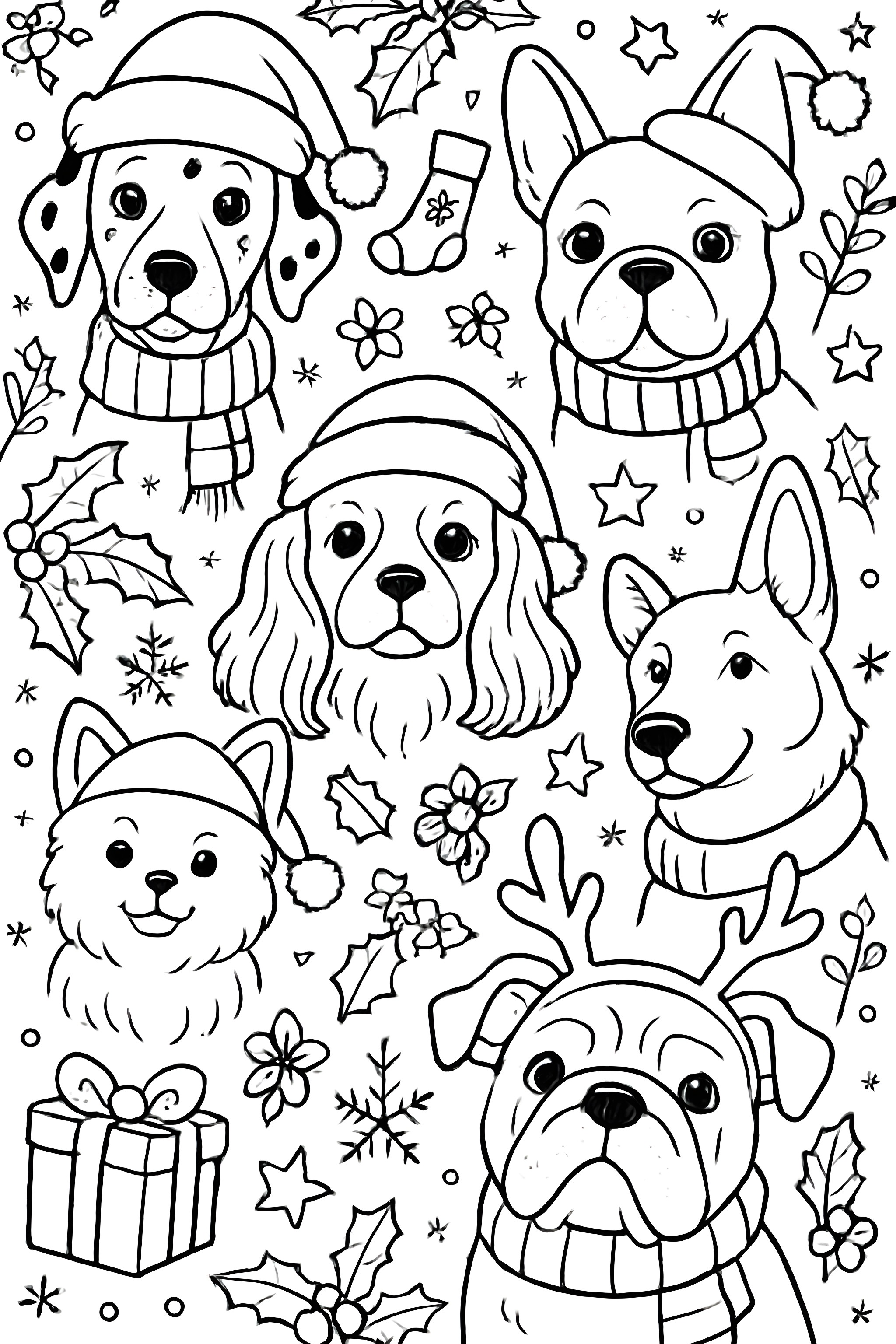 Coloring page of various dog breeds adorned with Christmas hats, scarves, and surrounded by holiday decorations like holly and gifts