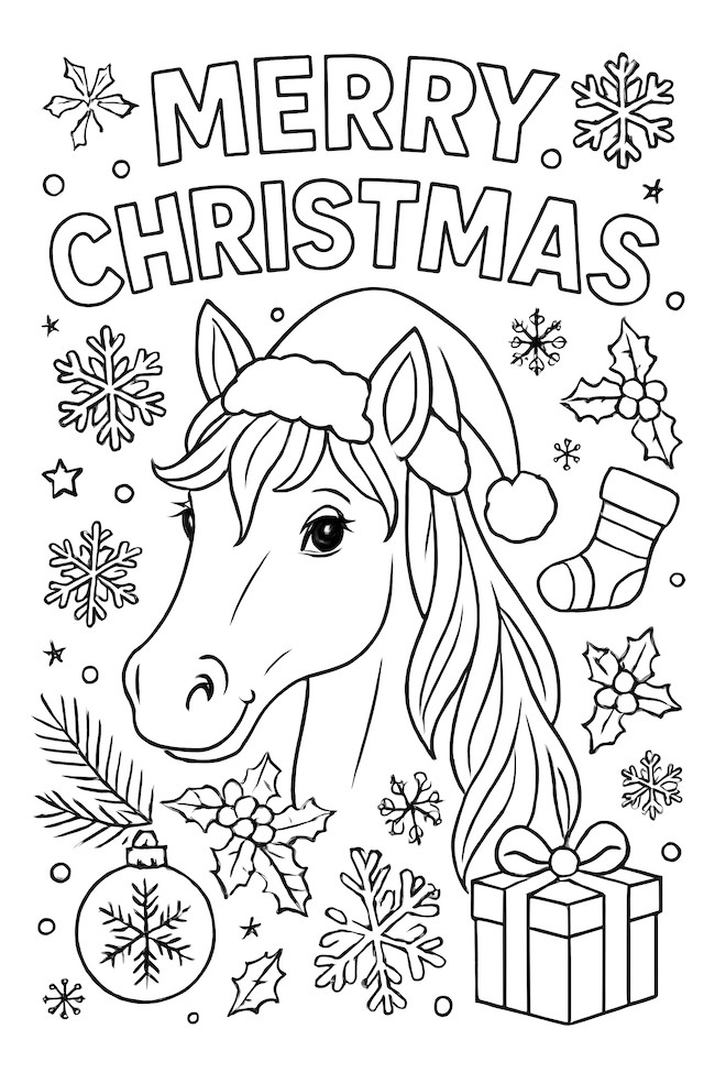 Coloring page of a horse wearing a Santa hat surrounded by snowflakes, ornaments, and holiday elements