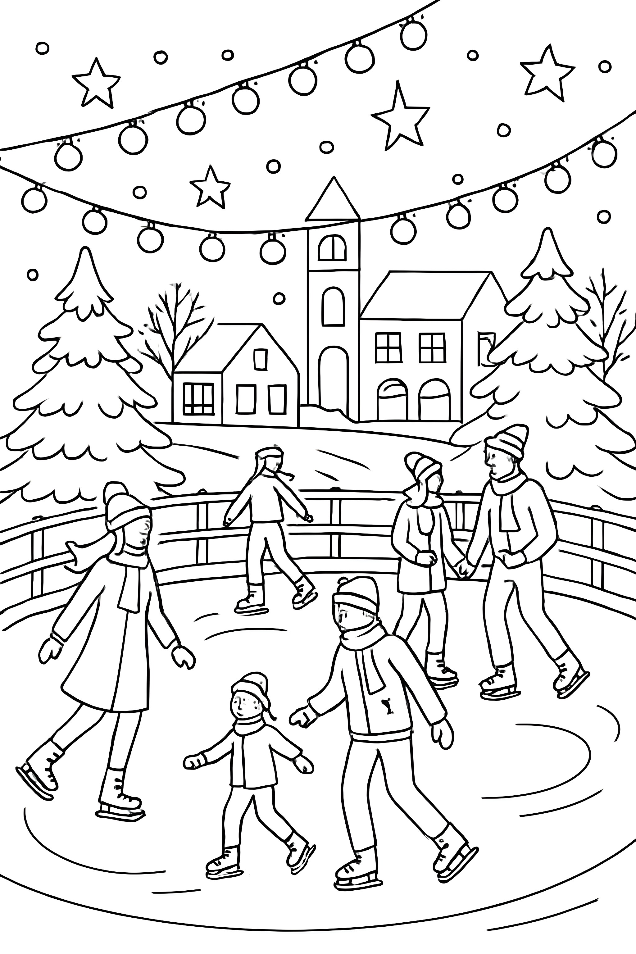 Coloring page of an outdoor ice rink with Christmas lights, people skating, and a festive background of trees and houses