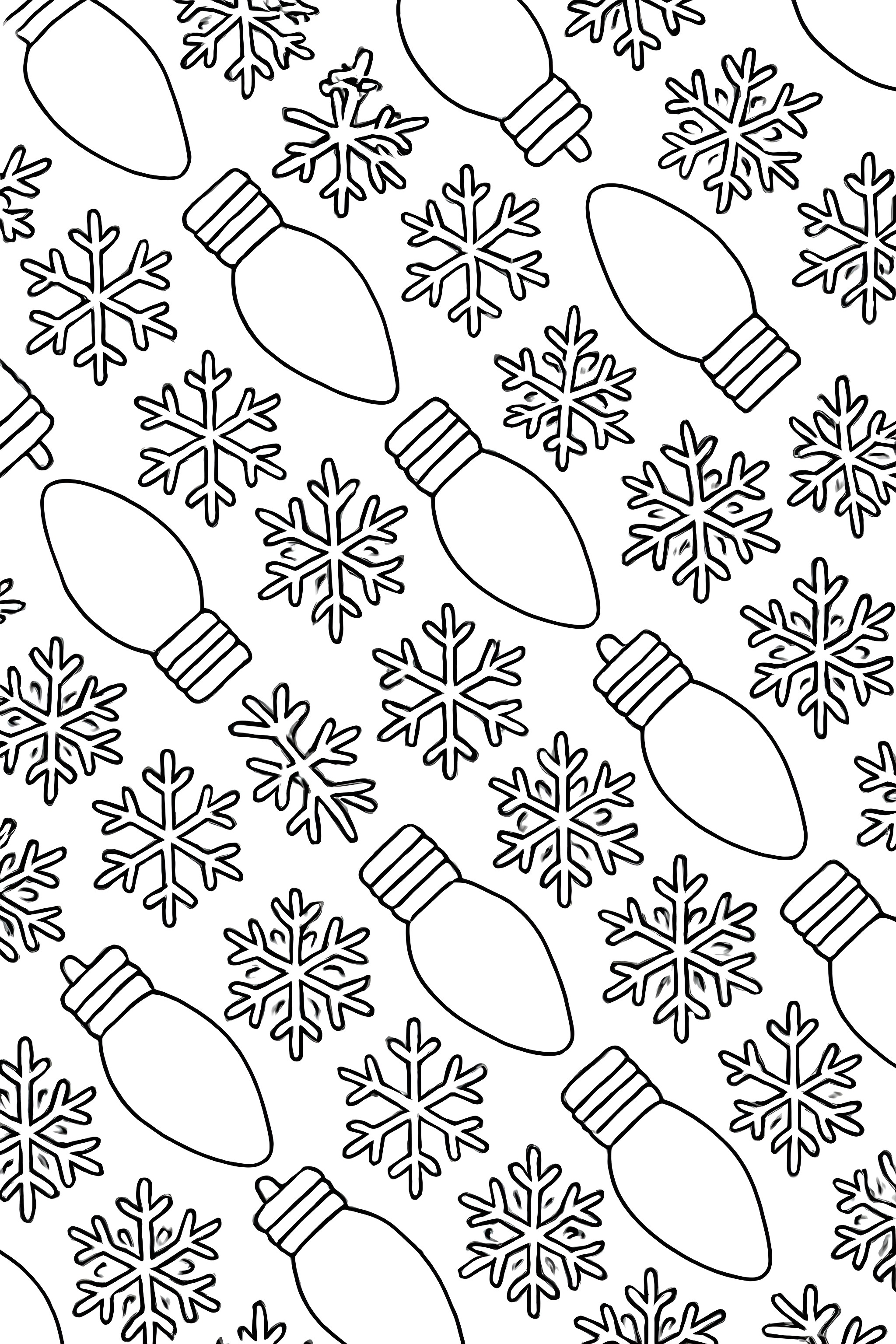 Coloring page of a pattern featuring alternating Christmas light bulbs and snowflakes arranged in a diagonal layout