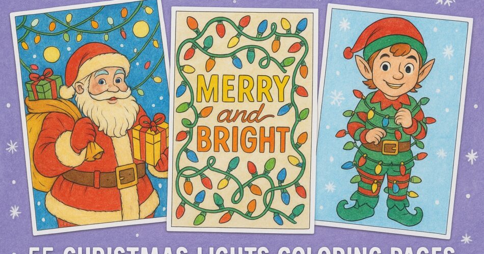 Blog graphic featuring three colored Christmas lights–themed coloring pages: a festive Santa holding gifts under glowing lights, a 'Merry and Bright' page framed with colorful bulbs, and a cheerful elf wrapped in Christmas lights. Set against a soft purple background with snowflakes and the title '55 Christmas Lights Coloring Pages' at the bottom.