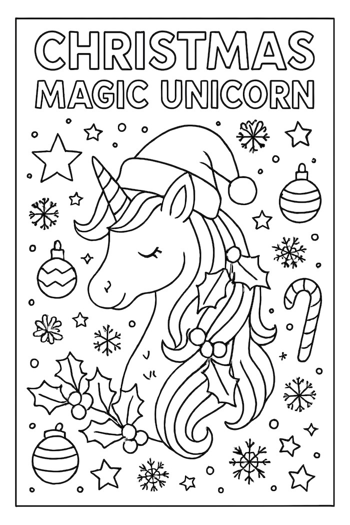 A unicorn wearing a Christmas hat surrounded by holly, candy canes, stars, and ornaments