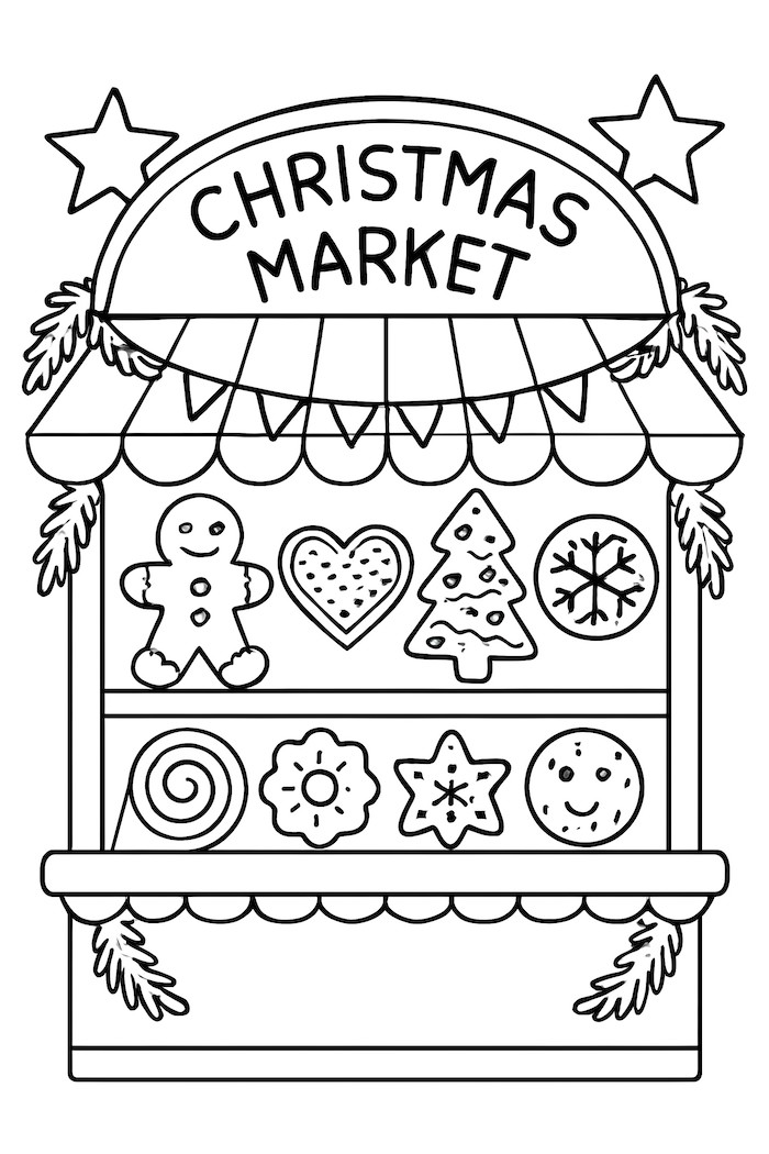 Coloring page of a Christmas market stand featuring various decorated cookies including a gingerbread man, heart, tree, and snowflake