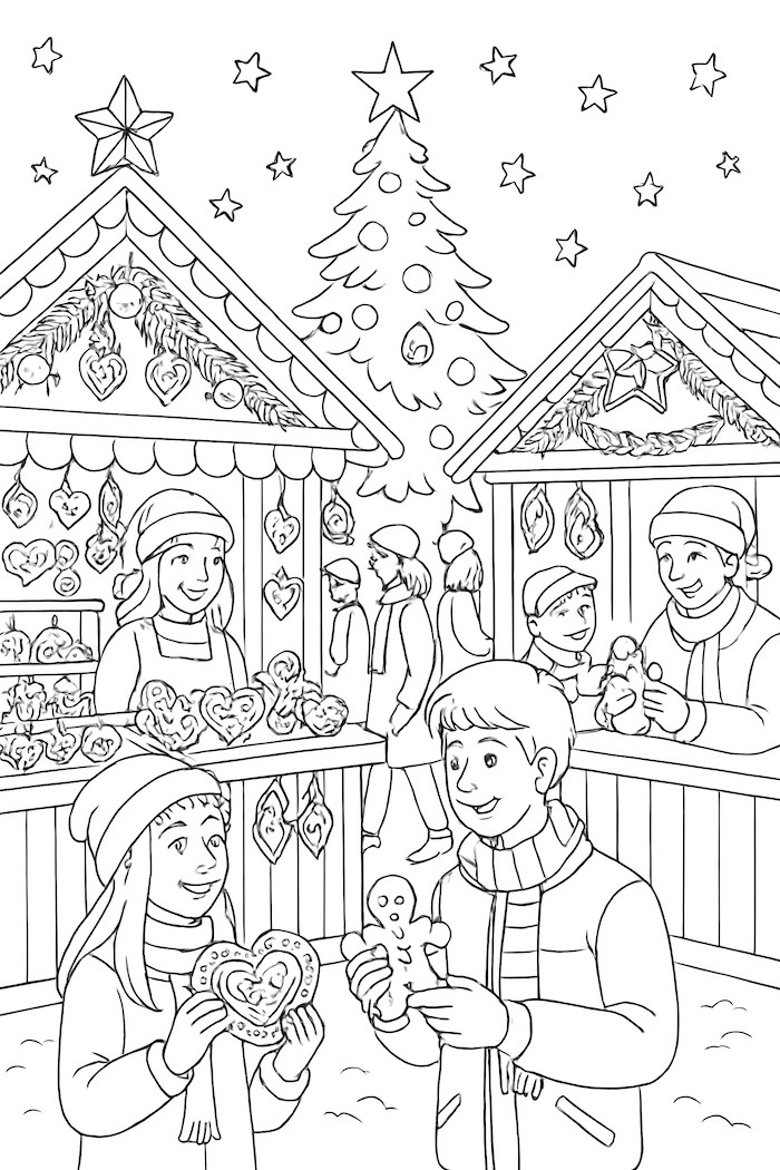 Coloring page of a Christmas market scene with stalls selling gingerbread cookies, people holding treats, and a decorated Christmas tree in the background.