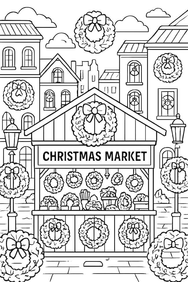 Coloring page of a Christmas market stall adorned with wreaths and surrounded by buildings and lampposts