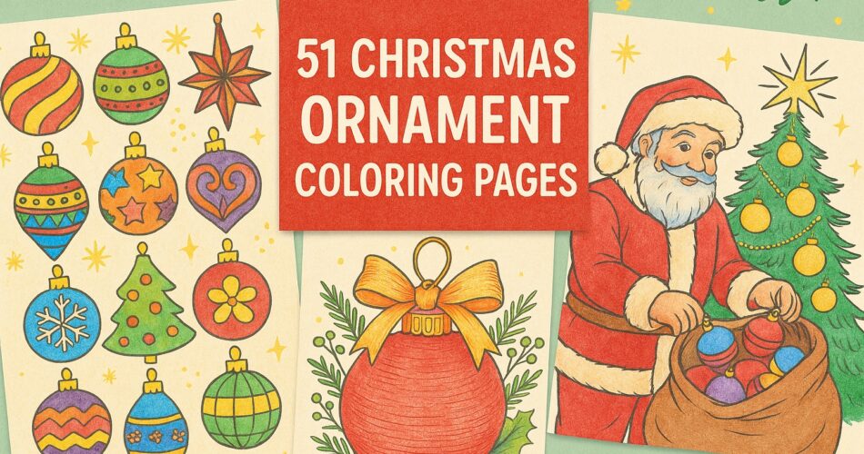 A festive horizontal collage featuring three hand-colored Christmas ornament illustrations. On the left, a grid of colorful ornaments with stars, stripes, and trees; in the center, a red ornament with a golden bow and holly leaves; and on the right, Santa decorating a tree with shiny ornaments. A red banner in the middle reads “51 Christmas Ornament Coloring Pages,” surrounded by holly, stars, and leaves on a green background.