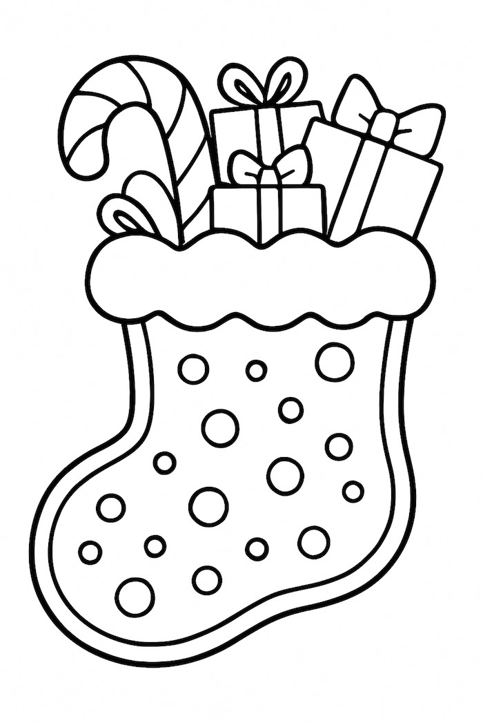 Coloring page of a Christmas stocking cookie filled with gifts and a candy cane