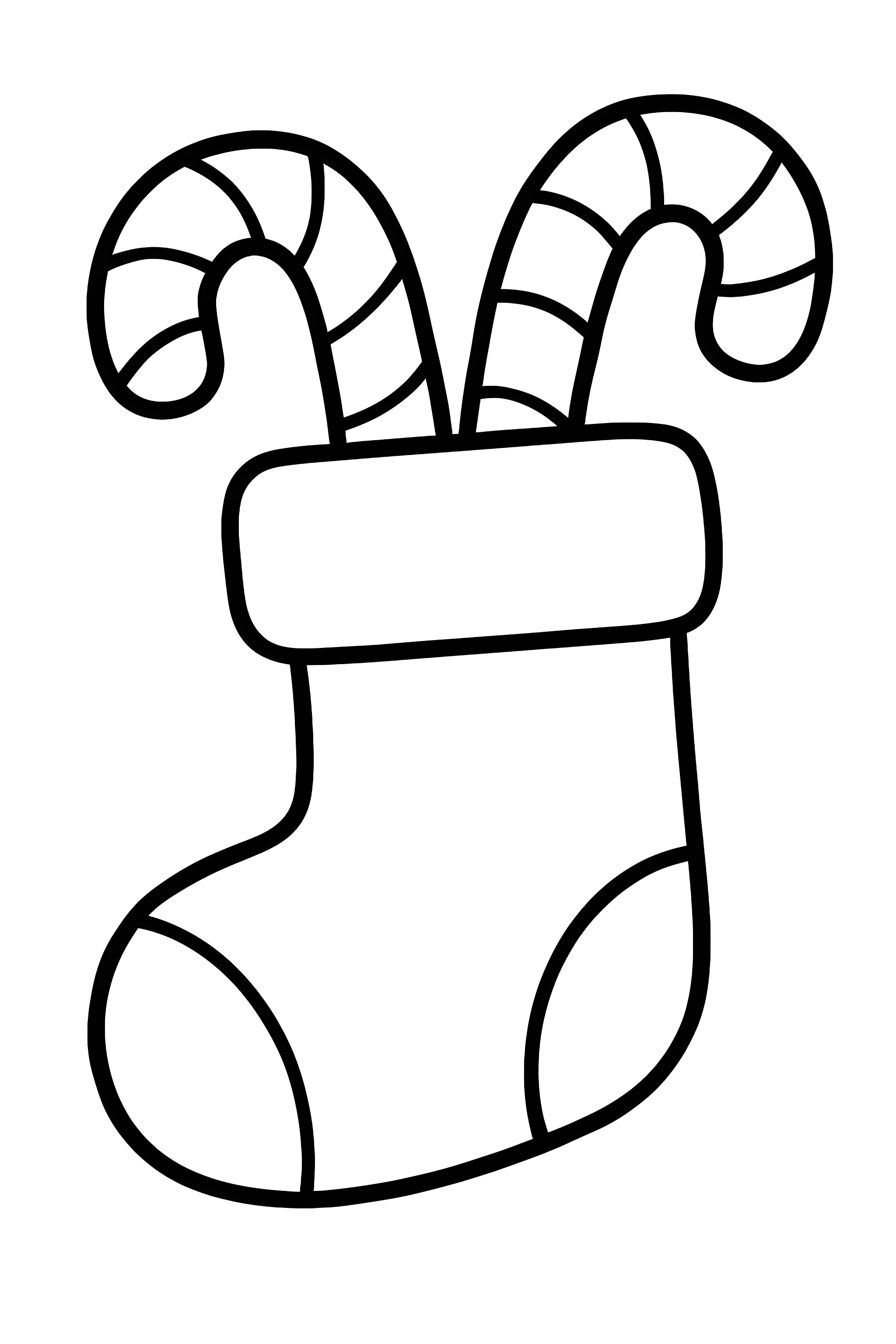 Christmas stocking filled with two candy canes sticking out, with a simple design and outlines for coloring.
