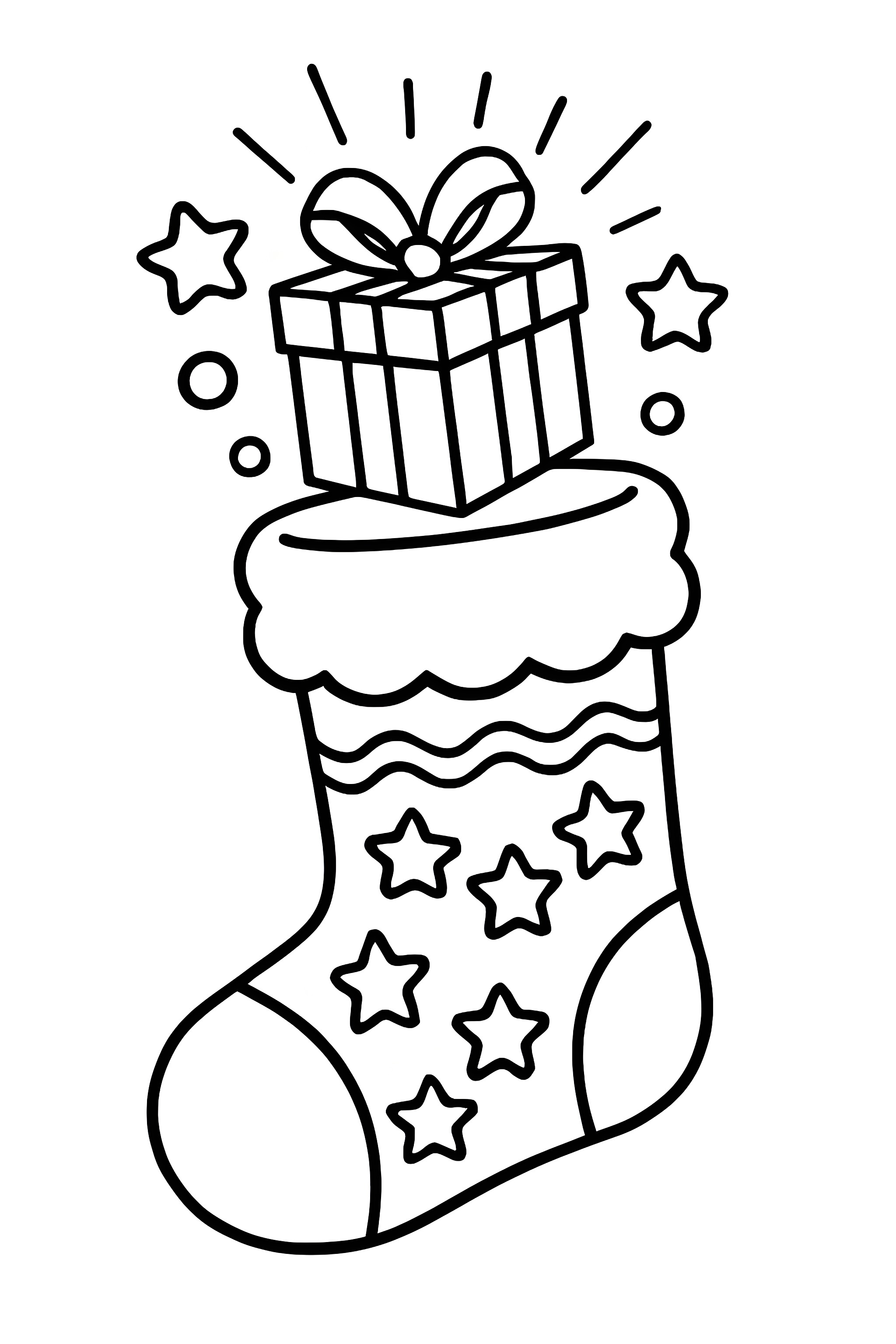 Coloring page featuring a festive Christmas stocking decorated with stars and a gift box with a bow on top, surrounded by small stars and bursts.