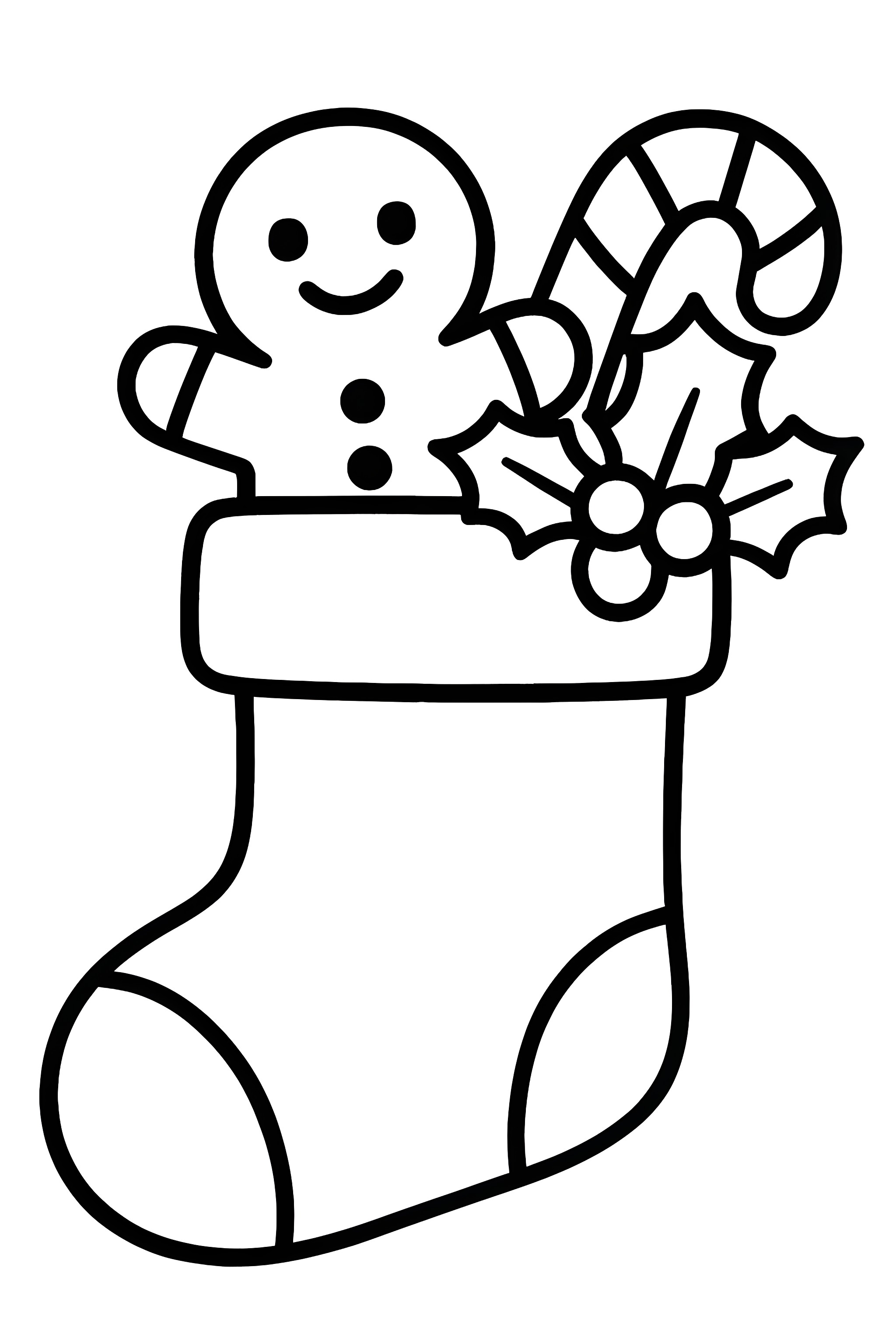 Coloring page featuring a Christmas stocking with a gingerbread man peeking out, a candy cane, and holly leaves
