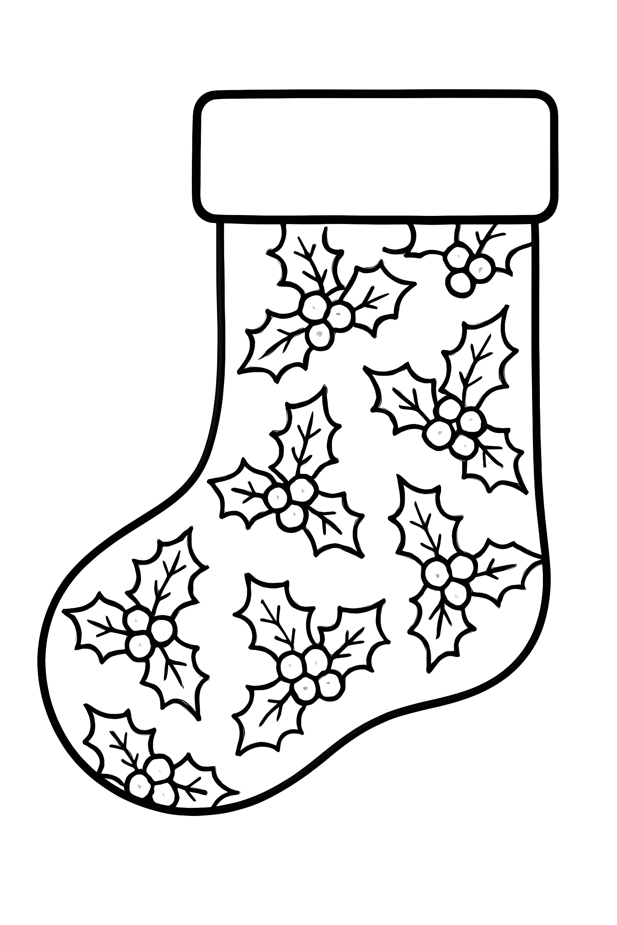 A Christmas stocking adorned with a holly berry pattern and decorative leaves