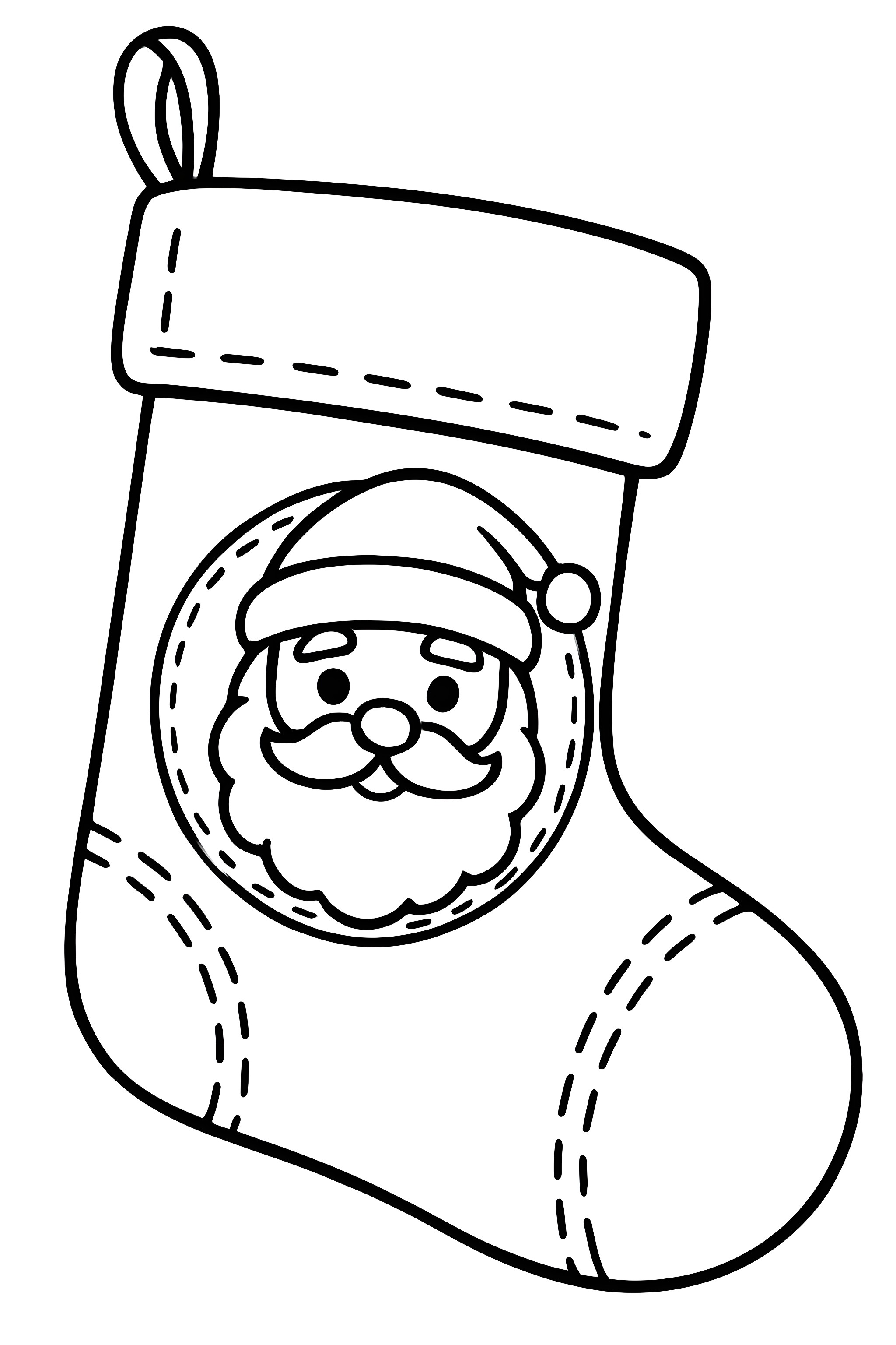 A Christmas stocking featuring a stitched Santa face in a circular design on the front