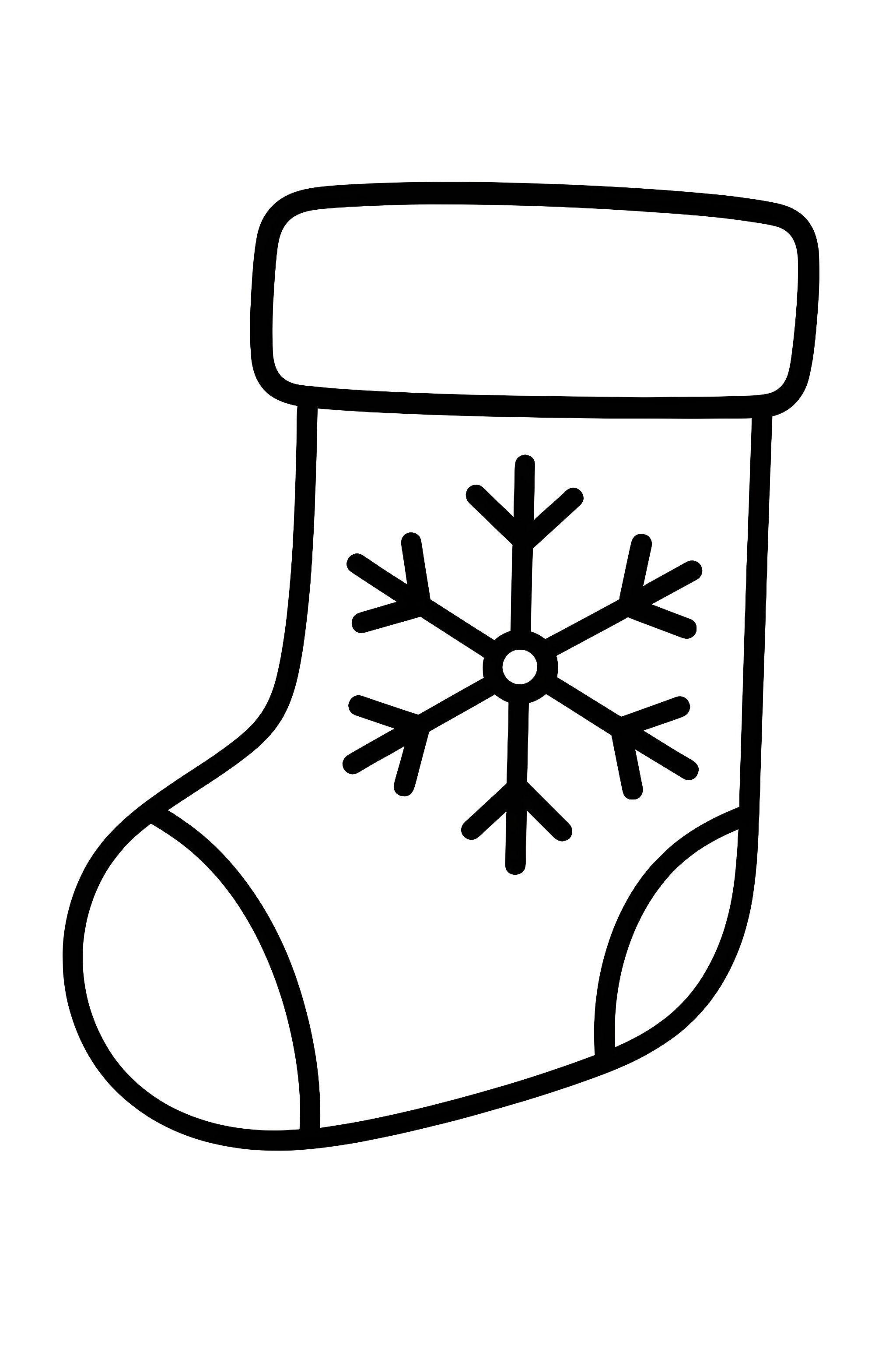 Coloring page featuring a Christmas stocking adorned with a snowflake design on the front.