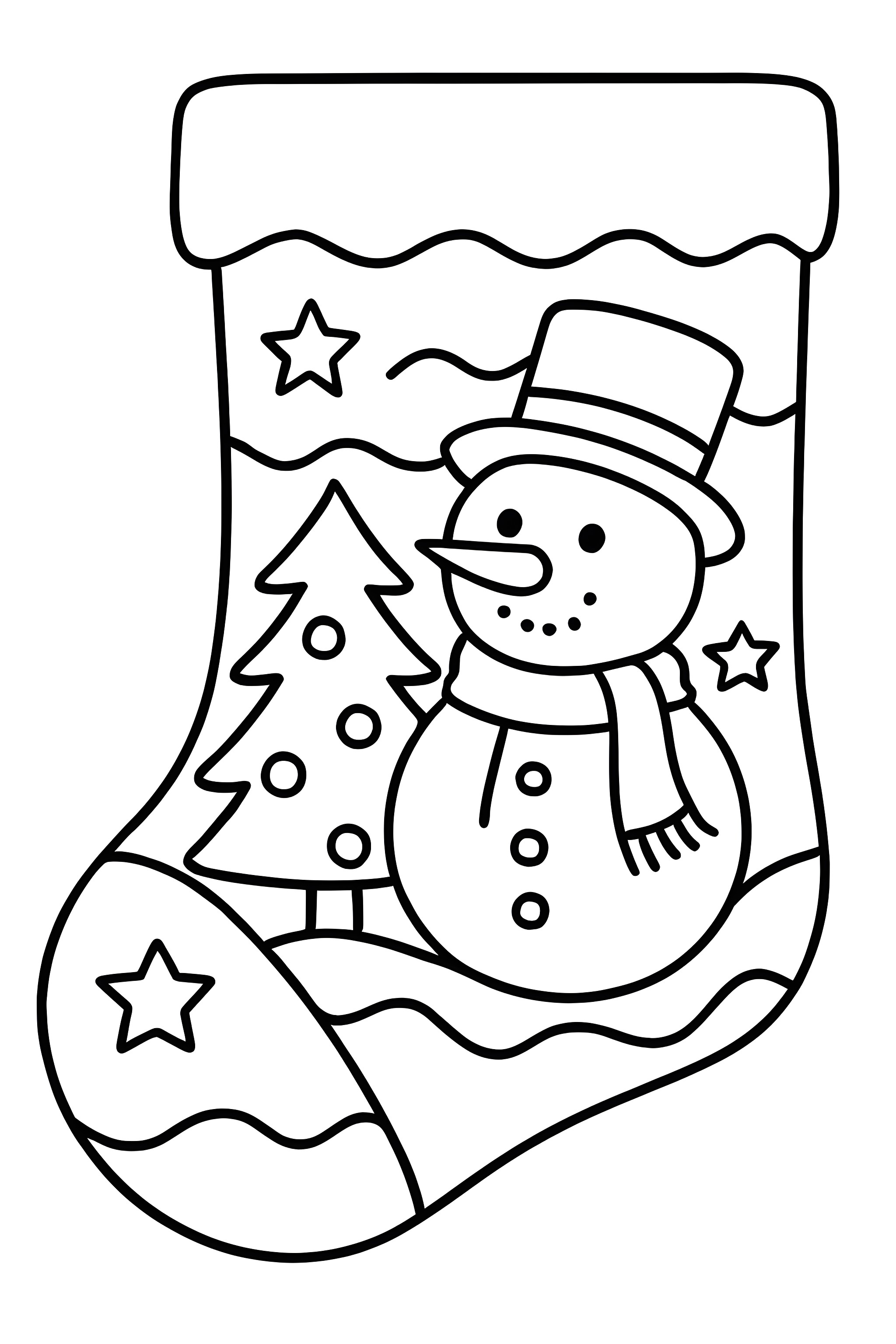 Coloring page featuring a Christmas stocking with a snowman wearing a top hat and a tree with decorations, accompanied by star patterns