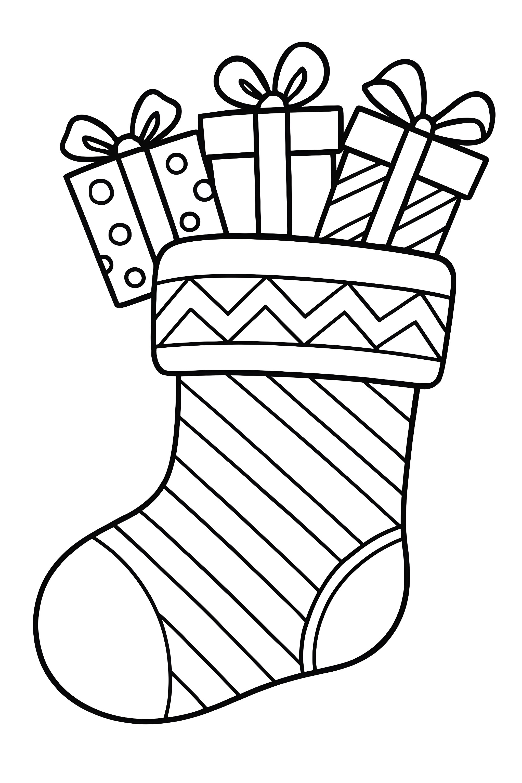 Coloring page of a Christmas stocking filled with small wrapped gifts, featuring bows and decorative patterns