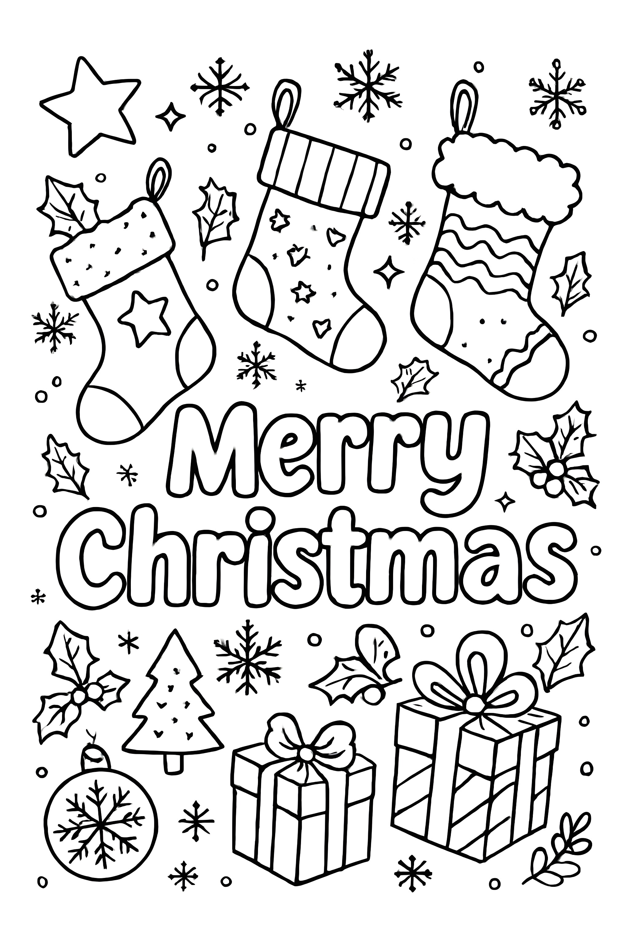 Coloring page featuring Christmas stockings, 'Merry Christmas' text, snowflakes, Christmas tree, ornaments, and gift boxes