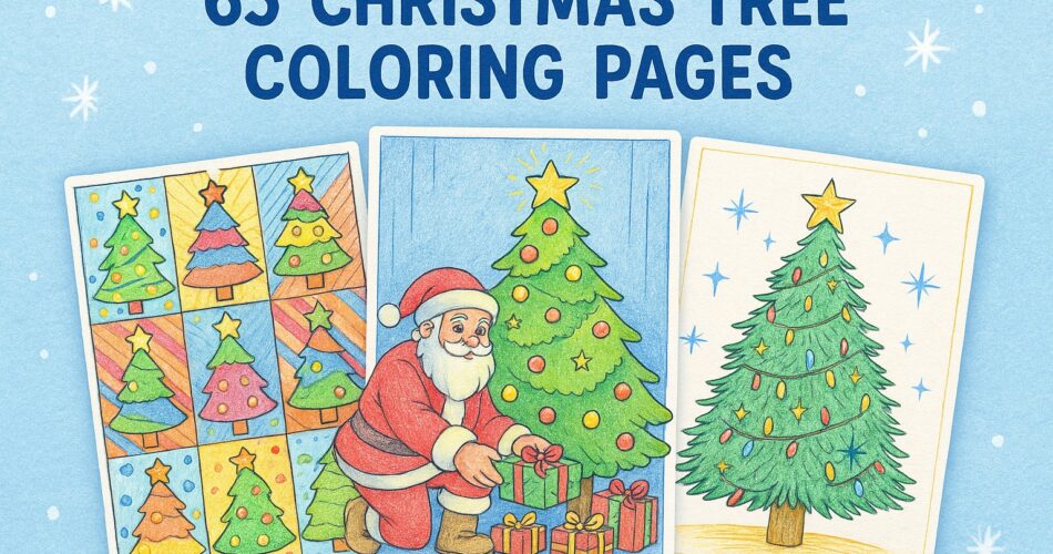 A festive blog header image featuring three colored Christmas tree coloring pages arranged on a snowy blue background. The pages show different holiday scenes, including Santa placing presents under a decorated tree and trees adorned with lights and ornaments. The title “65 Christmas Tree Coloring Pages” appears above in bold blue text.