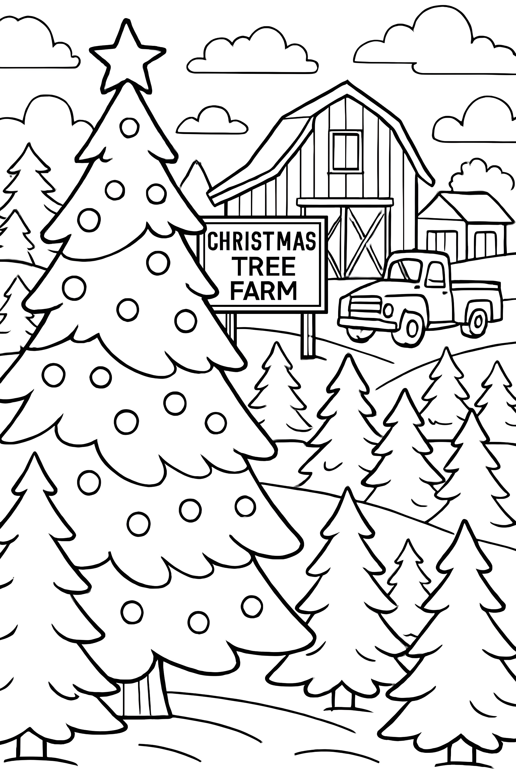 A Christmas tree farm with a large decorated tree, barn, truck, and multiple smaller trees