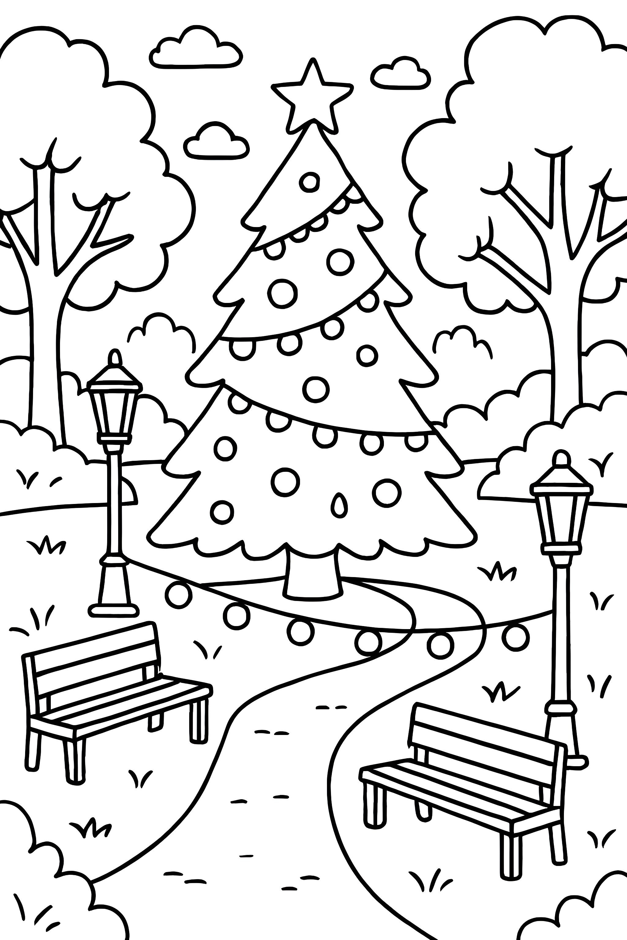 Coloring page of a Christmas tree surrounded by benches, lampposts, and trees in a park setting