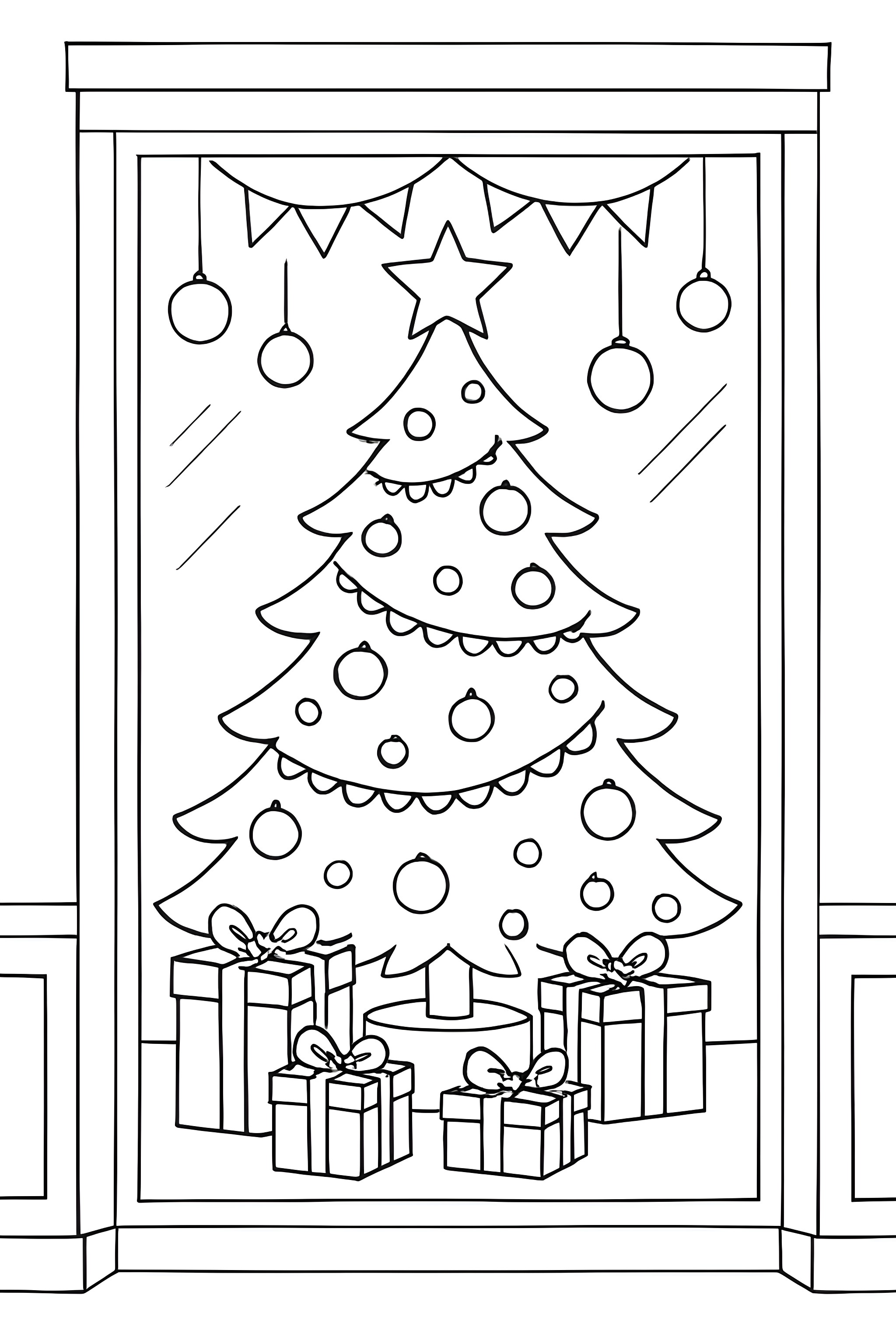 Coloring page of a decorated Christmas tree with gifts in a shop window, featuring ornaments and a star atop the tree