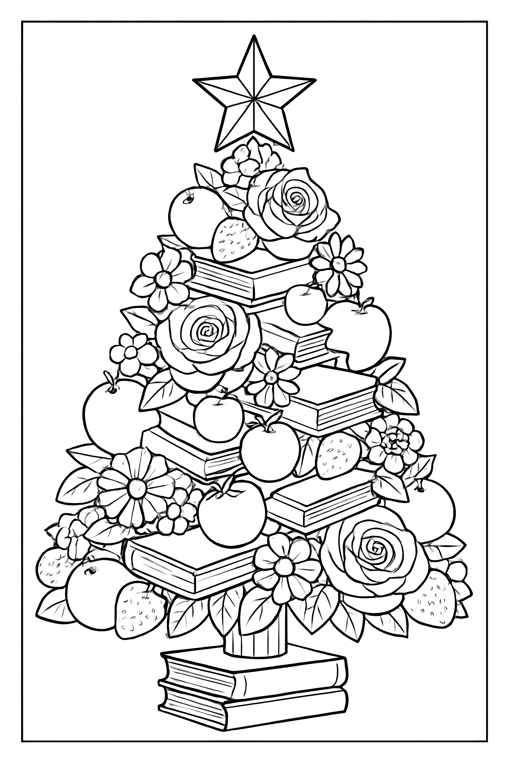 Coloring page depicting a Christmas tree design featuring flowers, fruits, and stacked books decorated with a star on top.
