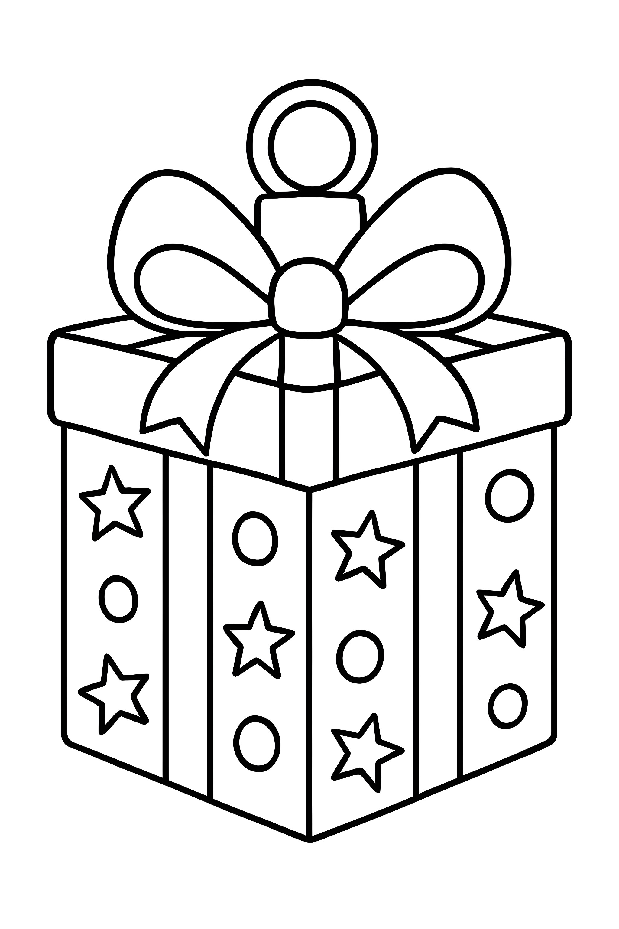 Coloring page of a Christmas tree ornament shaped like a gift box with a bow and decorative stars