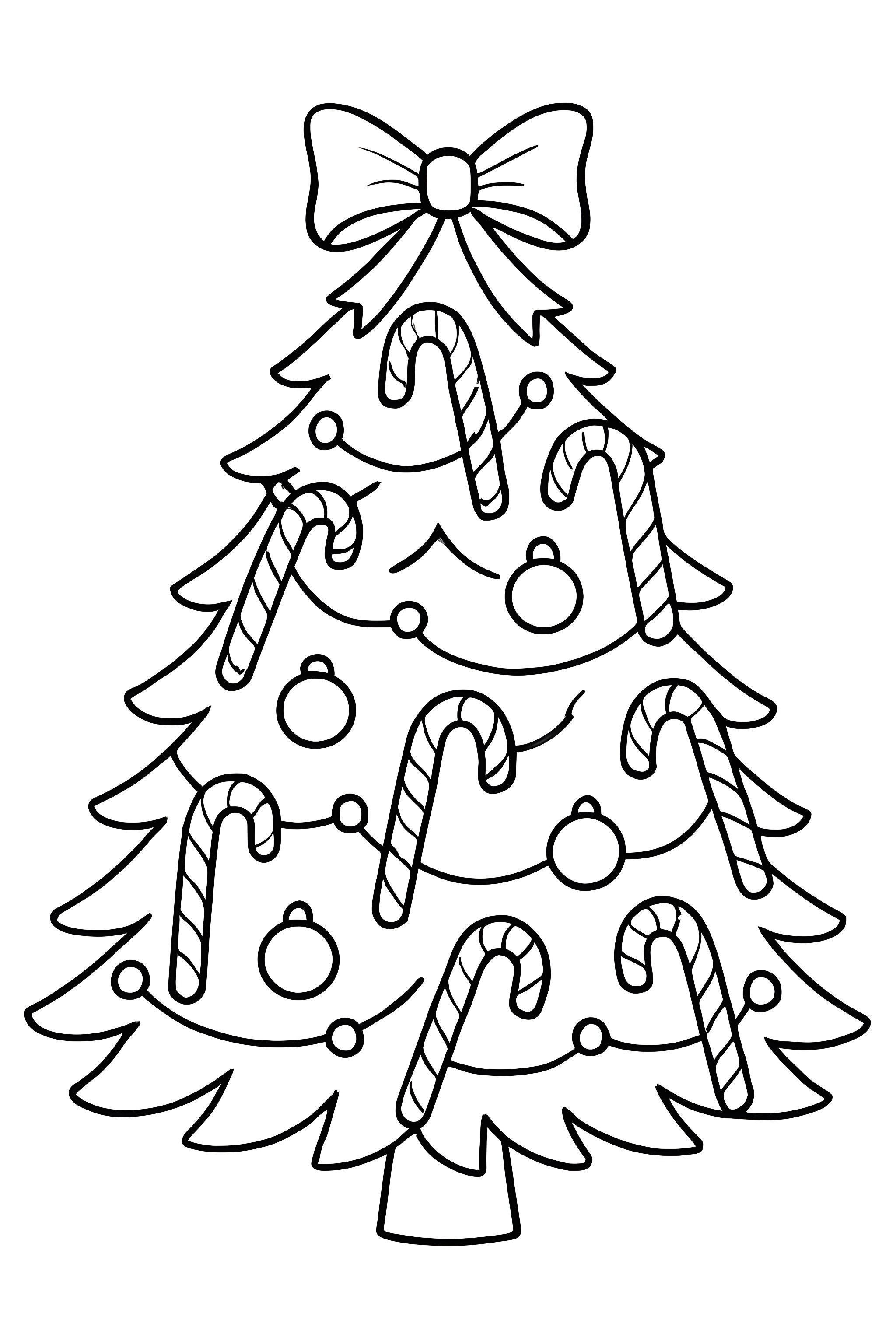 Coloring page of a Christmas tree decorated with candy canes and ornaments, topped with a bow